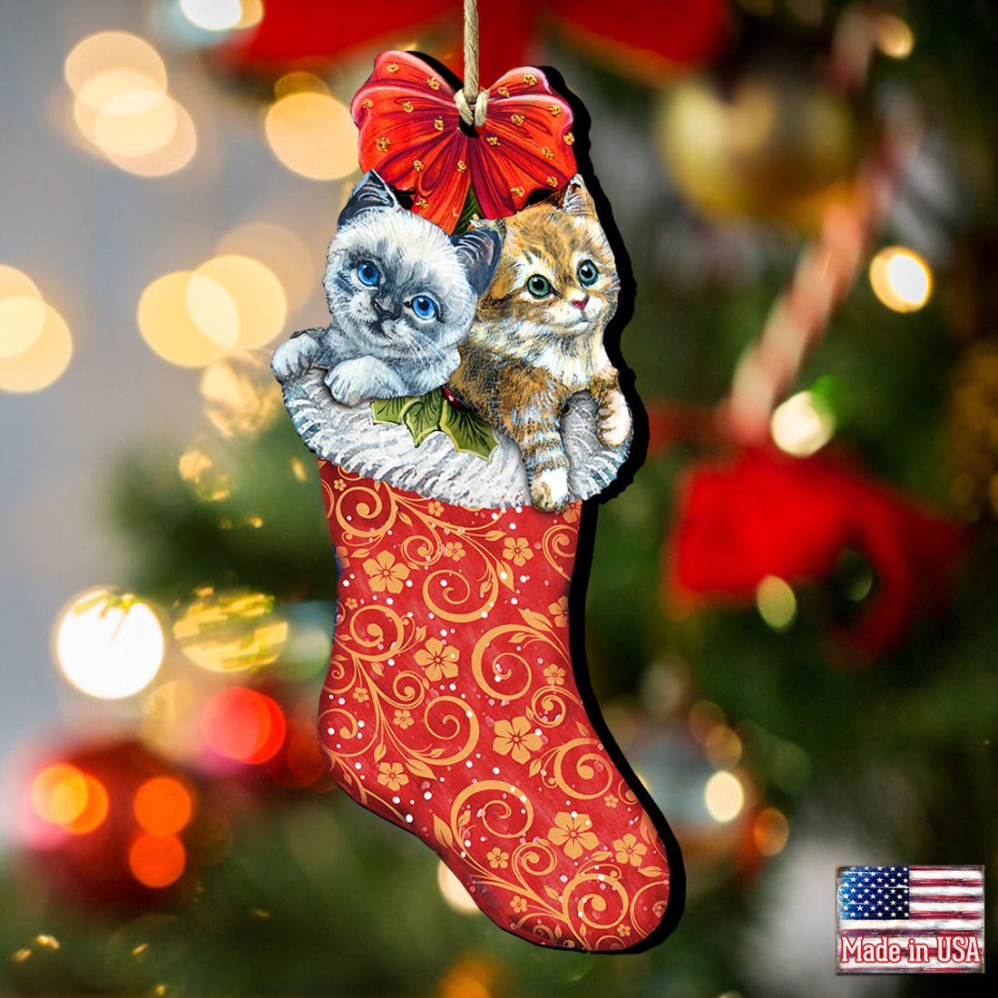 Kitty Cats Christmas Stocking Wooden Ornaments by G. DeBrekht - Christmas Santa Snowman Decor - 8114021