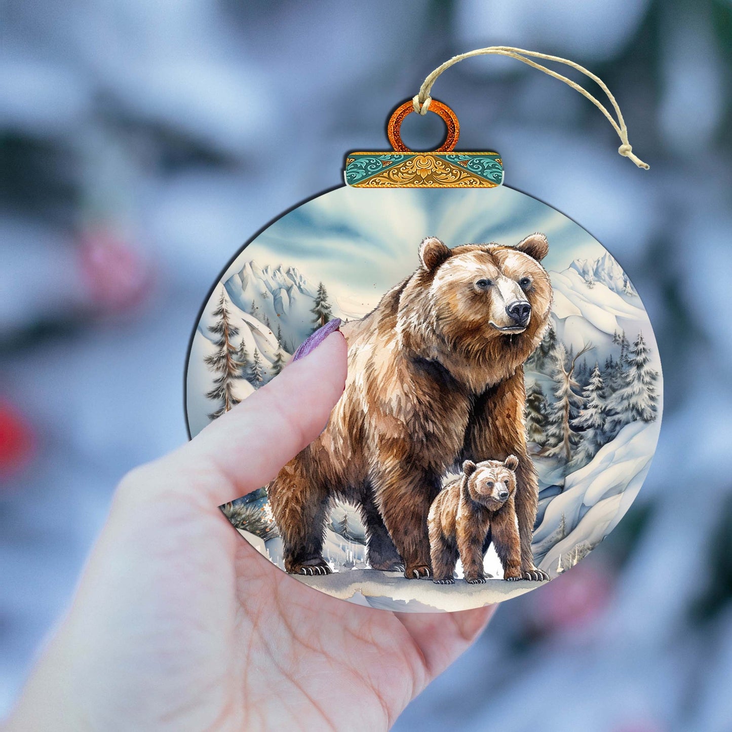 Grizzly Bear with Cub Wooden Ornaments by G.Debrekht - Wildlife Holiday Decor - 870070