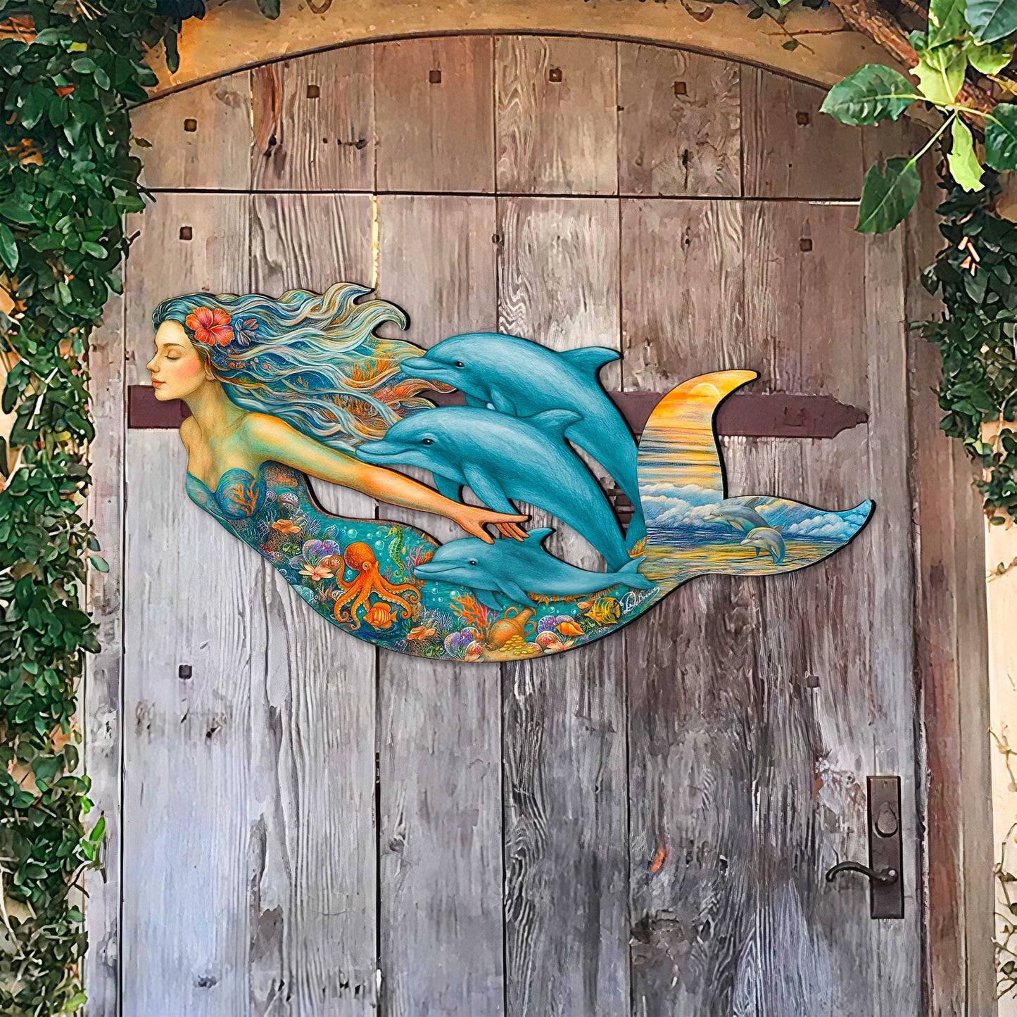 Mermaid & Dolphins Coastal Door Hanger - Handcrafted Ocean Fantasy Art Decor by G. DeBrekht - Coastal Holiday Decor - 81985143H