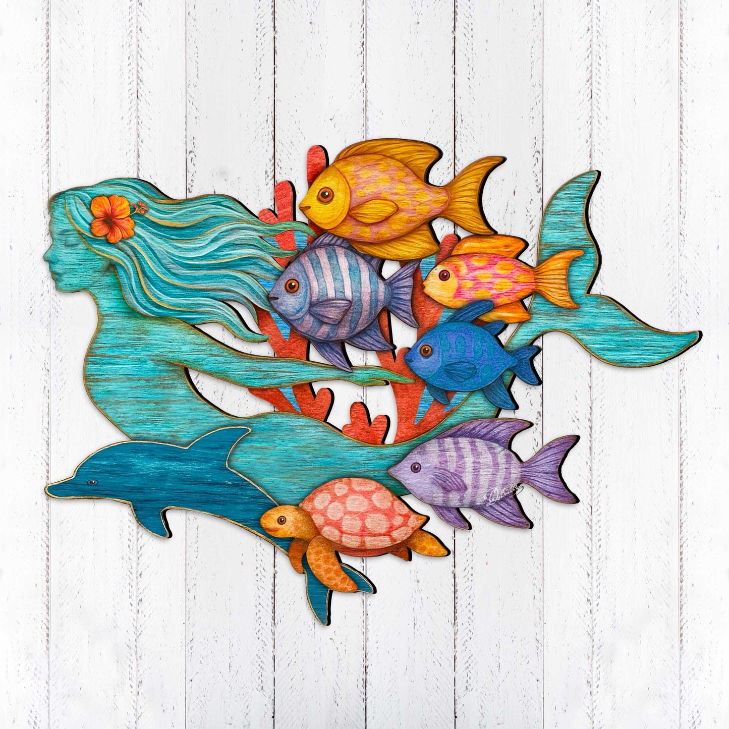 Tropical Mermaid Coastal Door Hanger - Handcrafted Underwater Friends Coastal Wall Art by G. DeBrekht - Coastal Holiday Decor - 81985144H