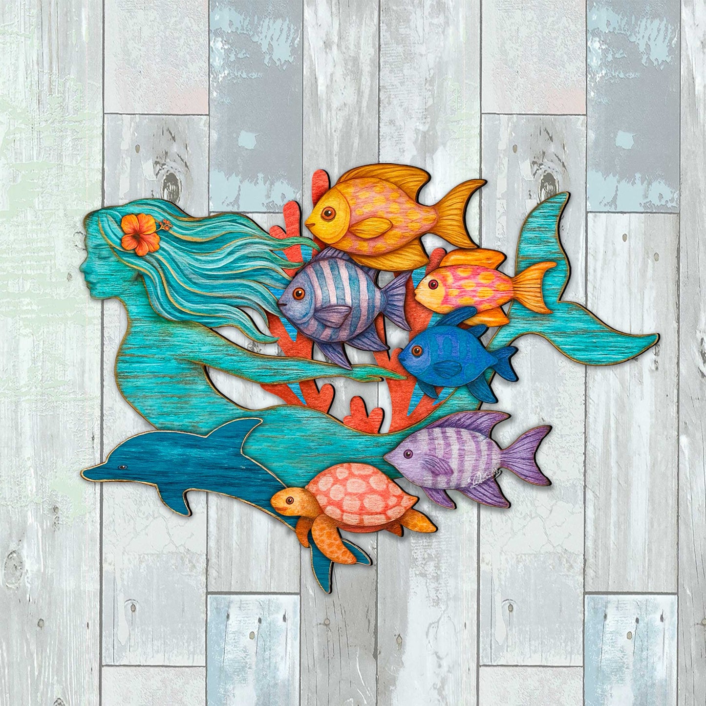 Tropical Mermaid Coastal Door Hanger - Handcrafted Underwater Friends Coastal Wall Art by G. DeBrekht - Coastal Holiday Decor - 81985144H