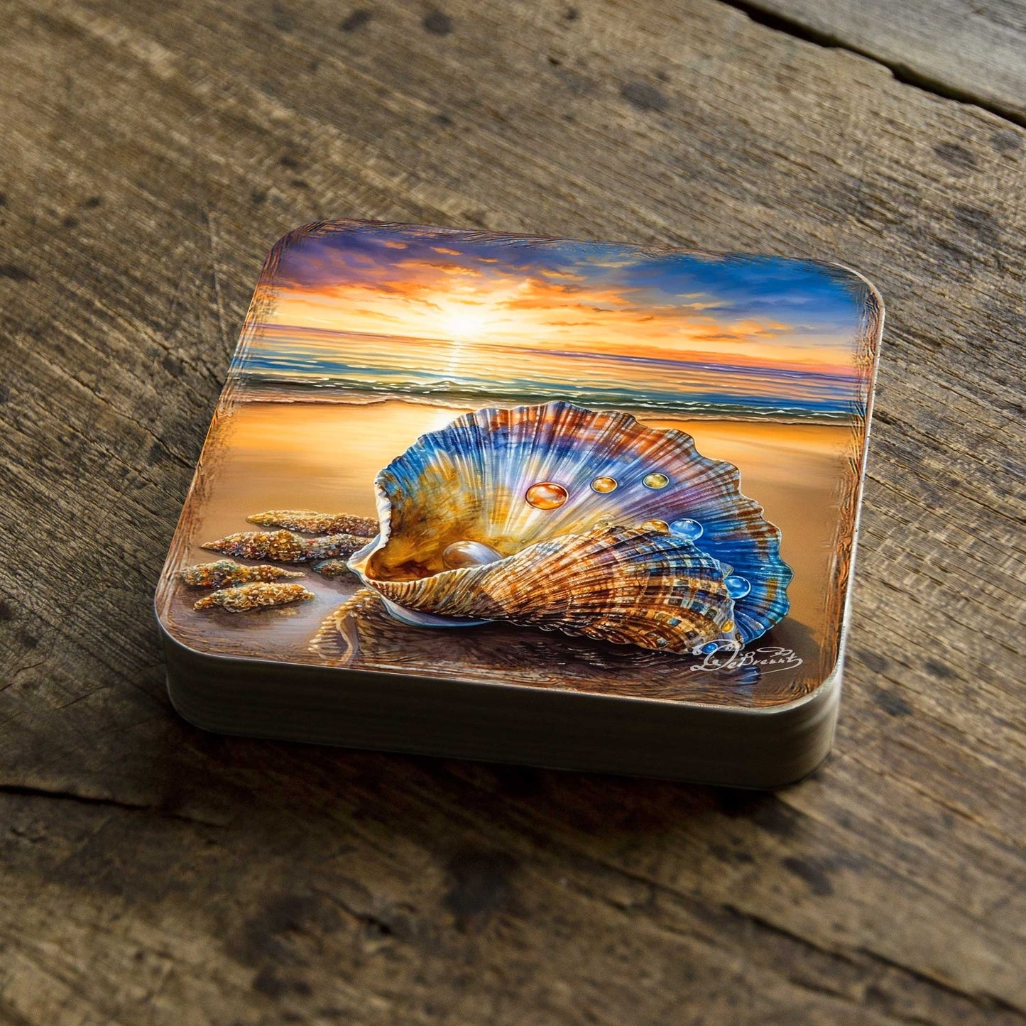 Sunset on the Beach Wooden Cork Coasters Gift Set of 4 by G. Debrekht - Coastal Holiday Décor  - 8199450C-S4