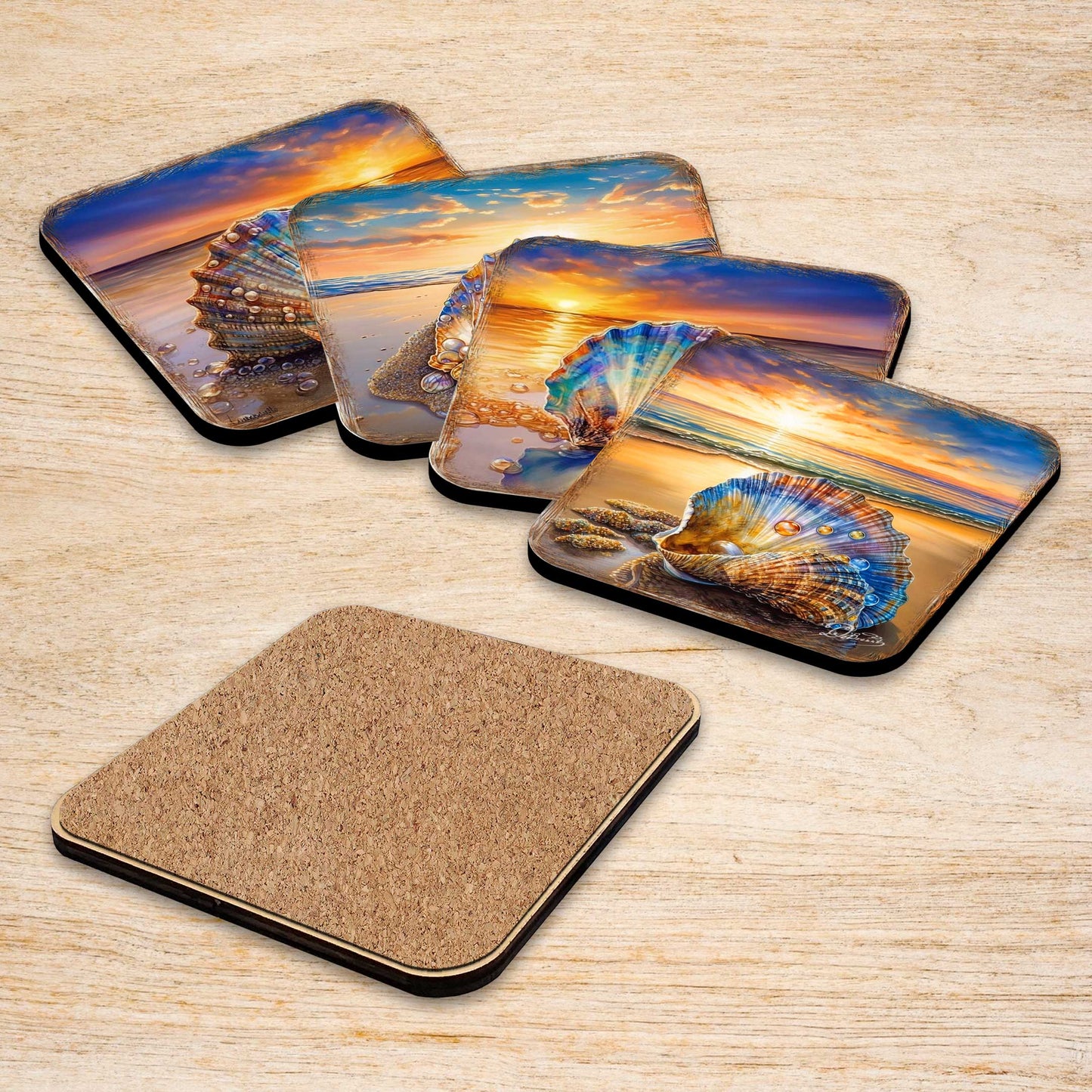 Sunset on the Beach Wooden Cork Coasters Gift Set of 4 by G. Debrekht - Coastal Holiday Décor  - 8199450C-S4
