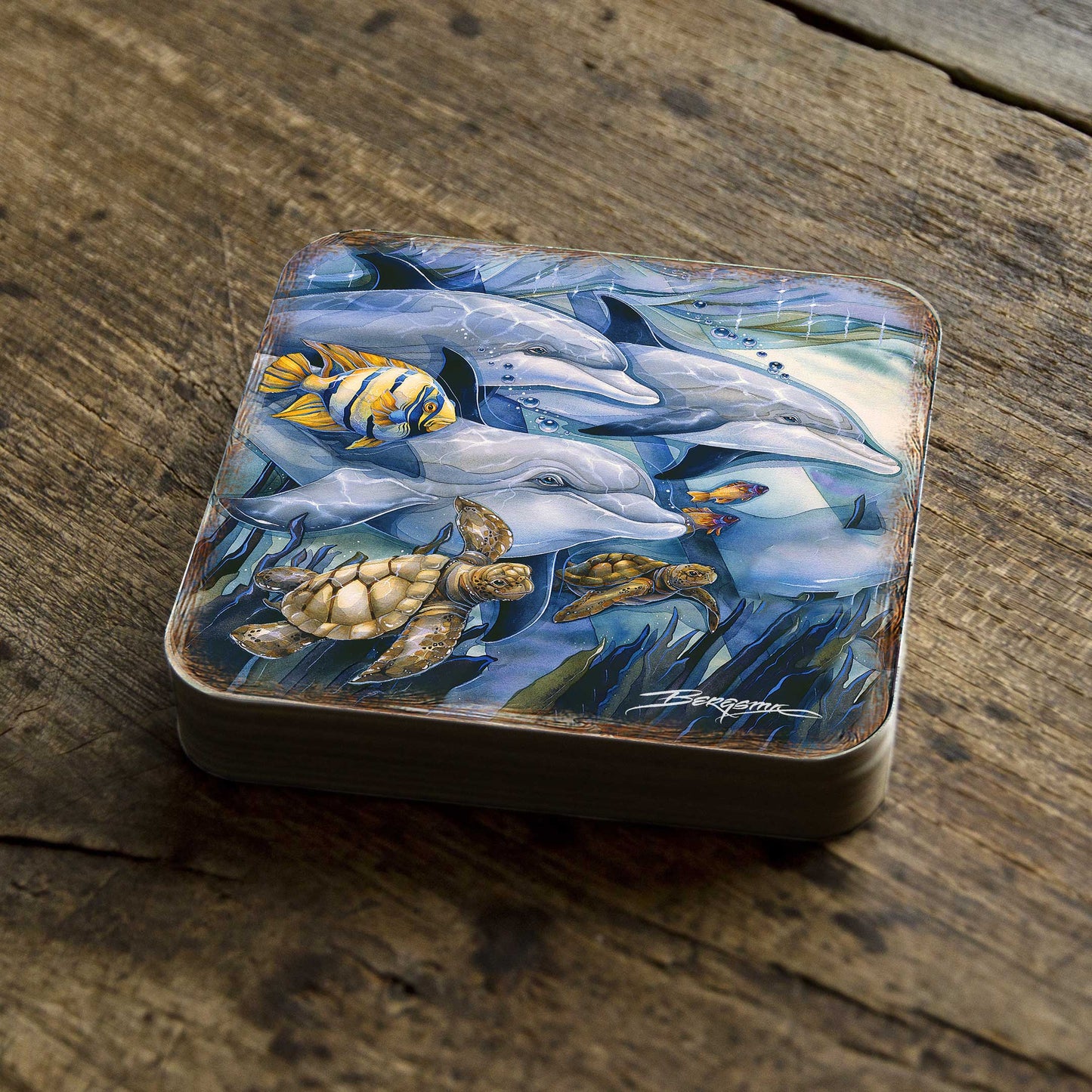 Sea Creatures Wooden Cork Coasters Gift Set of 4 by J. Bergsma - Coastal Décor  - 8199456C-S4