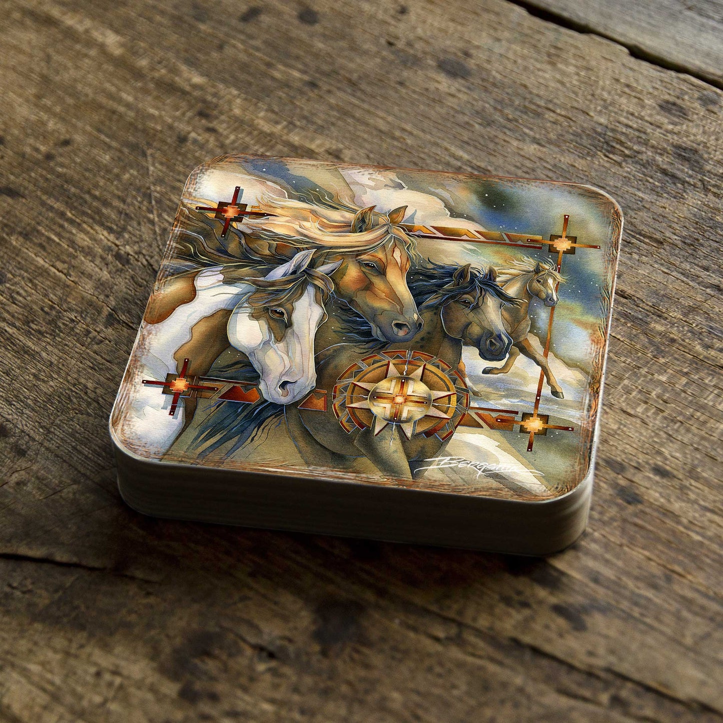 Wild Horses Wooden Cork Coasters Gift Set of 4 by J. Bergsma - Wildlife Décor  - 8199474C-S4