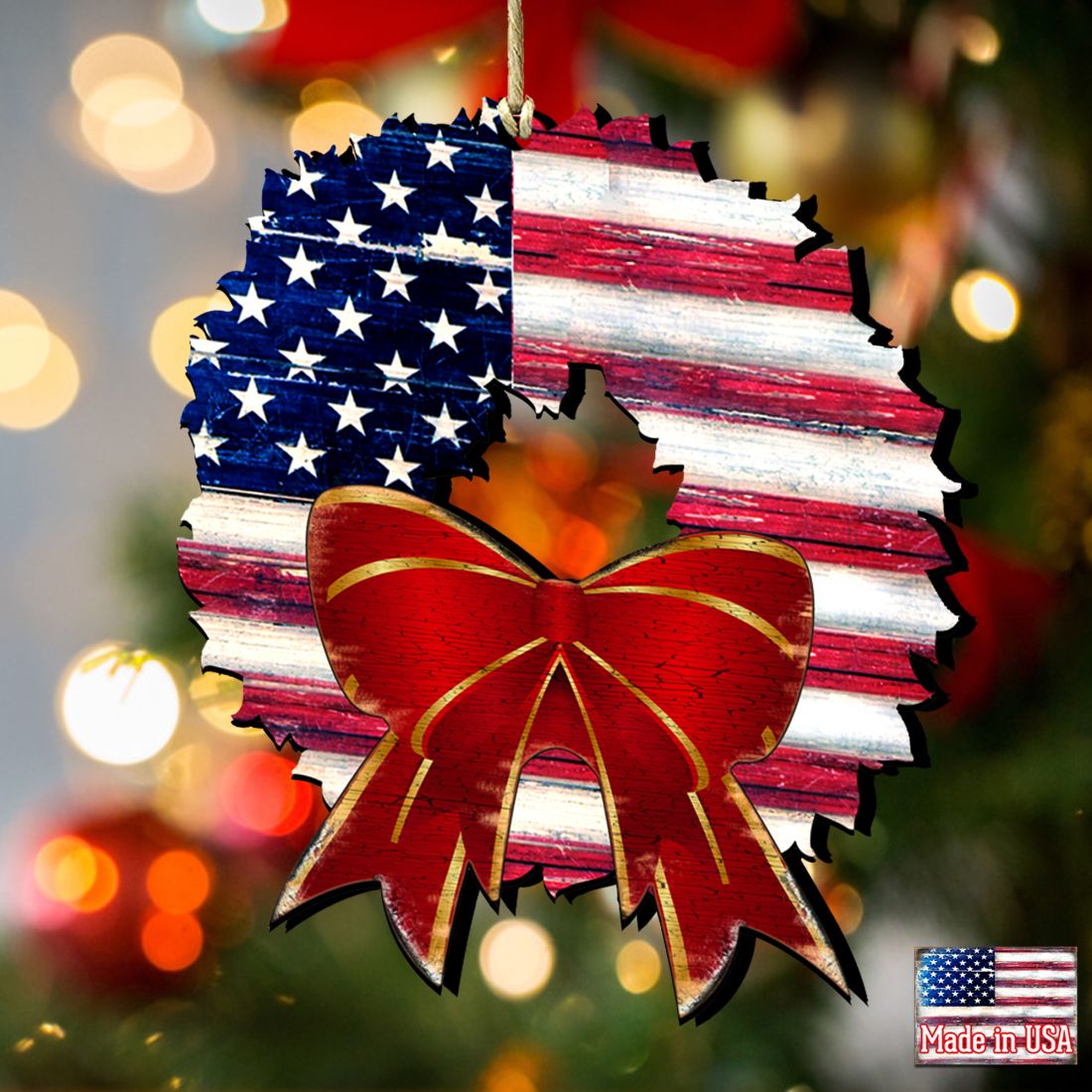 American Flag Wreath Wooden Ornaments by G. DeBrekht - American Christmas Decor - 8185302