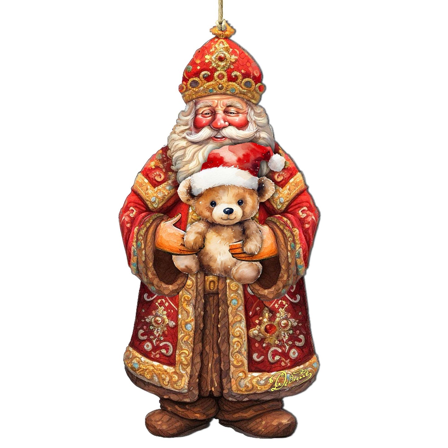 Santa's Teddy Bear Hug Wooden Ornaments by G. Debrekht - Christmas Santa Snowman Decor - 8691415