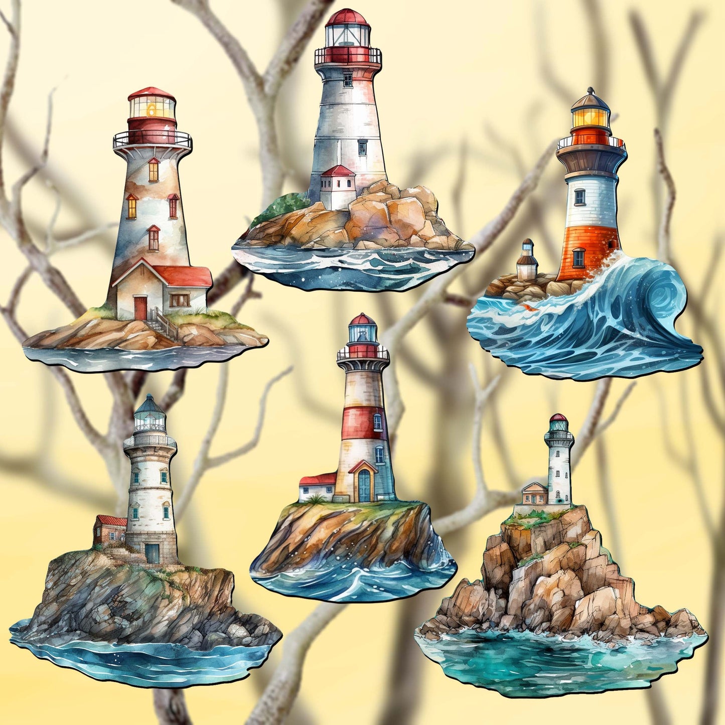 Lighthouse Decorative Wooden Clip-on Ornaments Set of 6 by G. Debrekht - Coastal Decor - 8090022C-S6