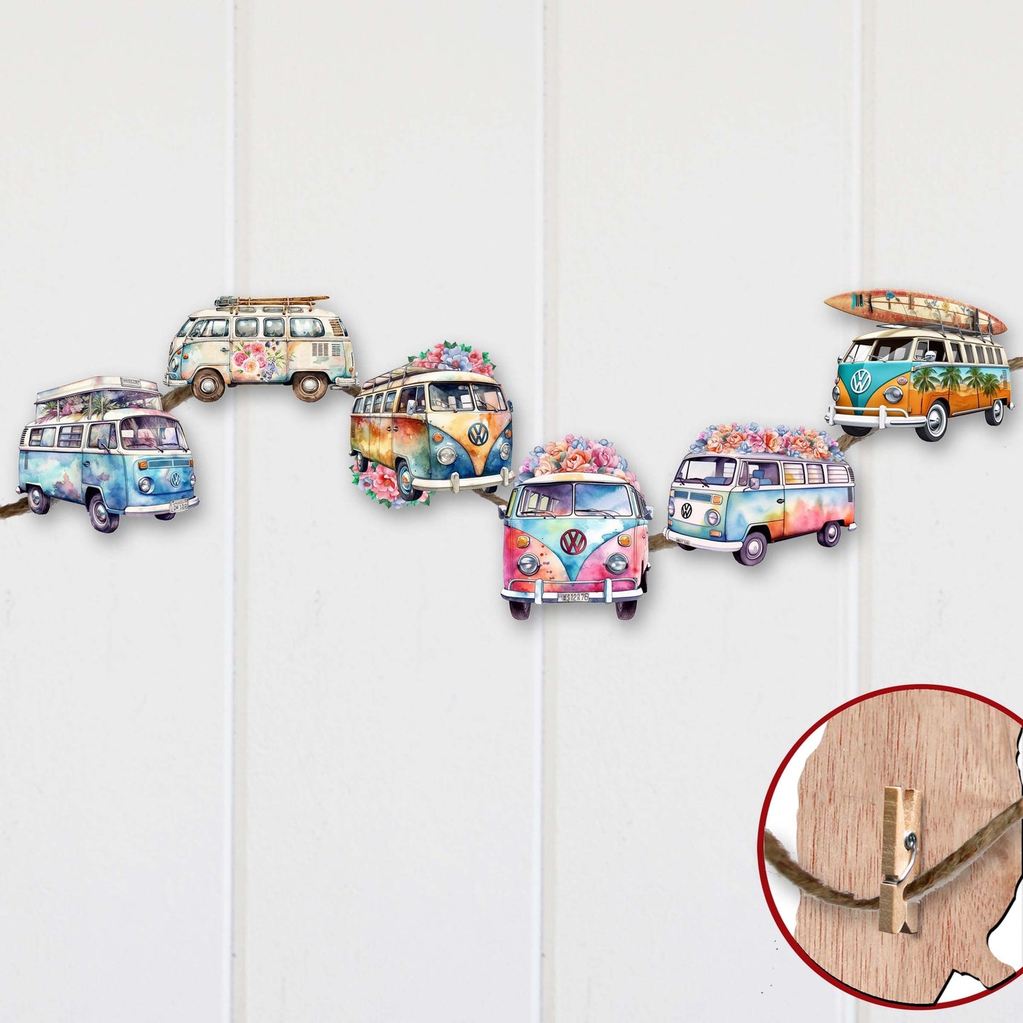 Surf Vans Decorative Wooden Clip-on Ornaments Set of 6 by G. Debrekht - Christmas Decor - 8090040C-S6