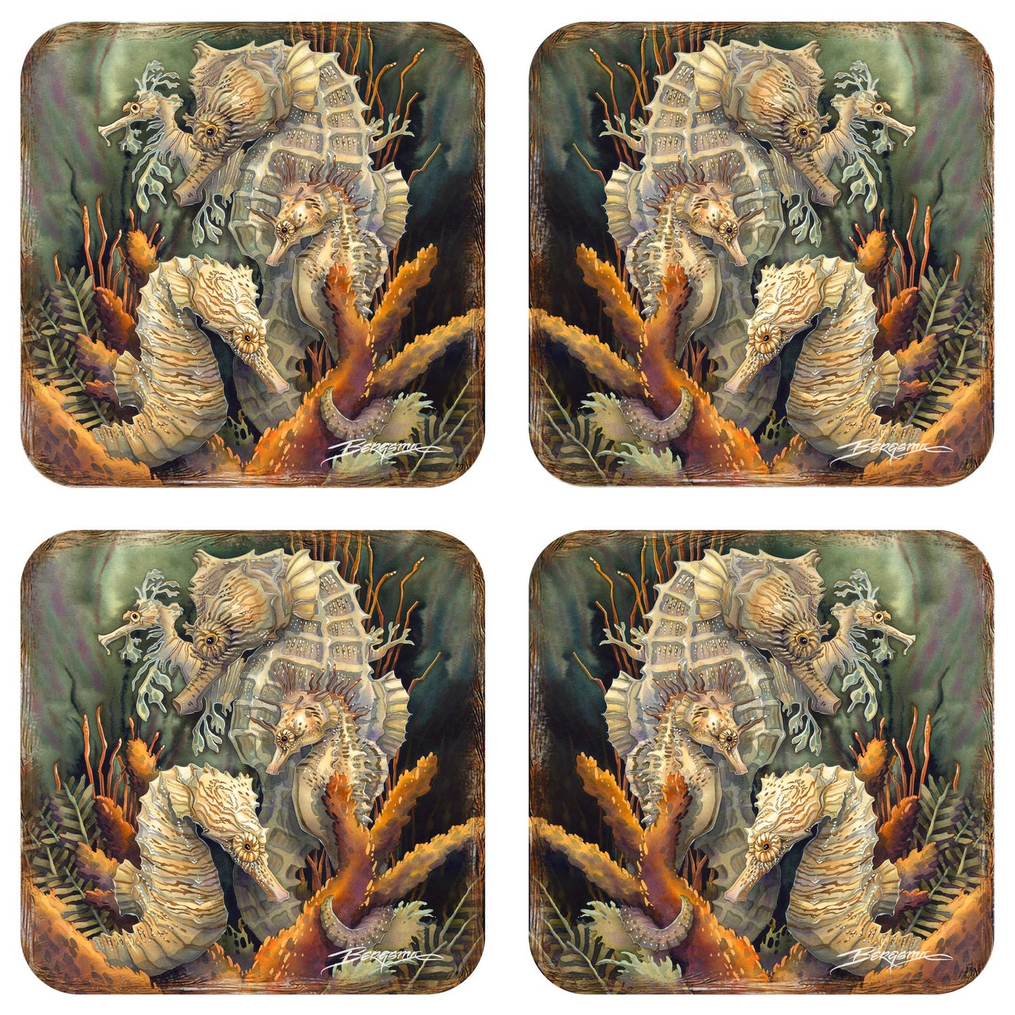 Seahorse Family Wooden Cork Coasters Gift Set of 4 by J. Bergsma - Coastal Decor  - 8199454C-S4