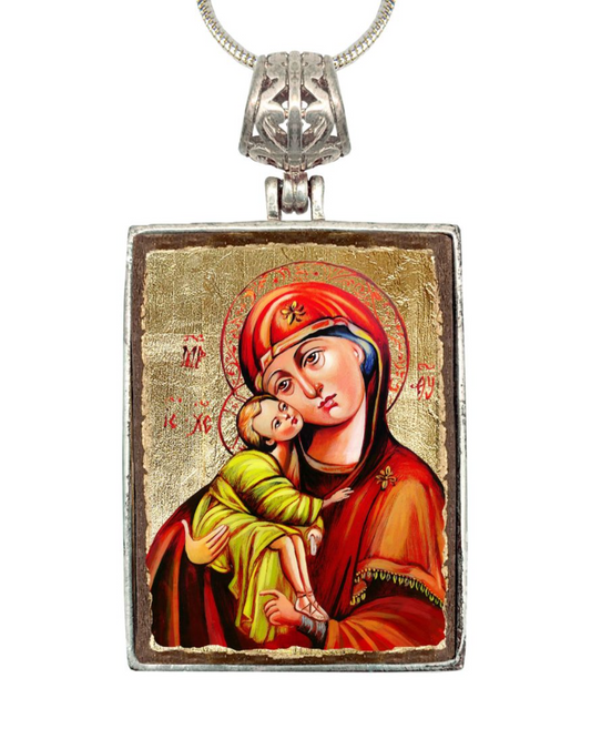Virgin Mary Religious Jewelry Silver Plated Necklace, Gold-Plated Wooden Cabochon - Orthodox Sacred Icon - Inspirational Icon Decor - 43011R