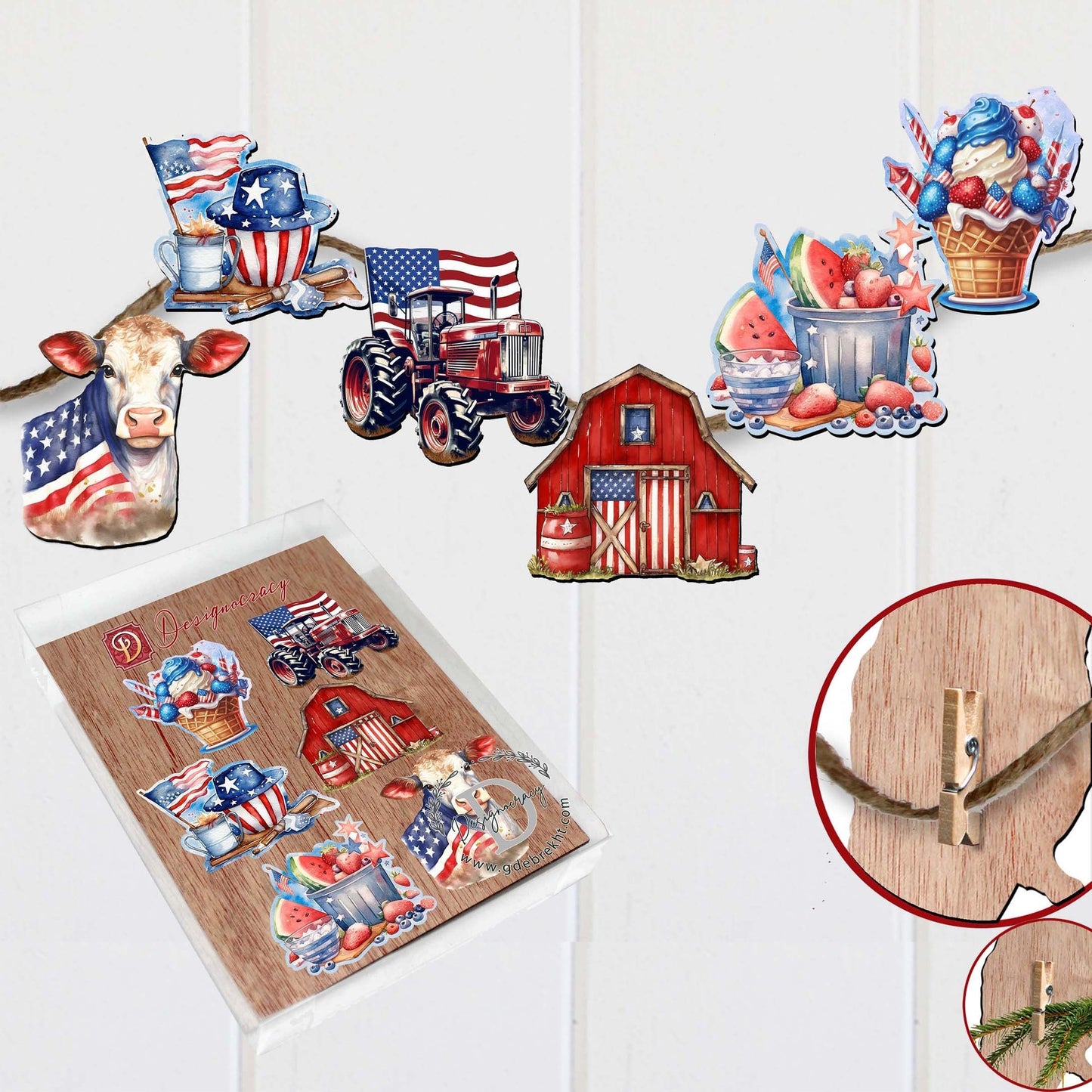 American Farmhouse Decorative Wooden Clip-on Ornaments of 6 by G. Debrekht - Patriotic Decor - 8090001C-S6