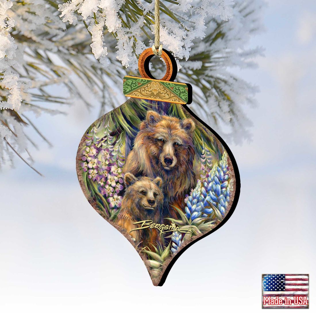 Grin Bear it Grizzly Mother Cub Wooden Ornaments by J. Bergsma - Wildlife Holiday Decor - 8591947-JB