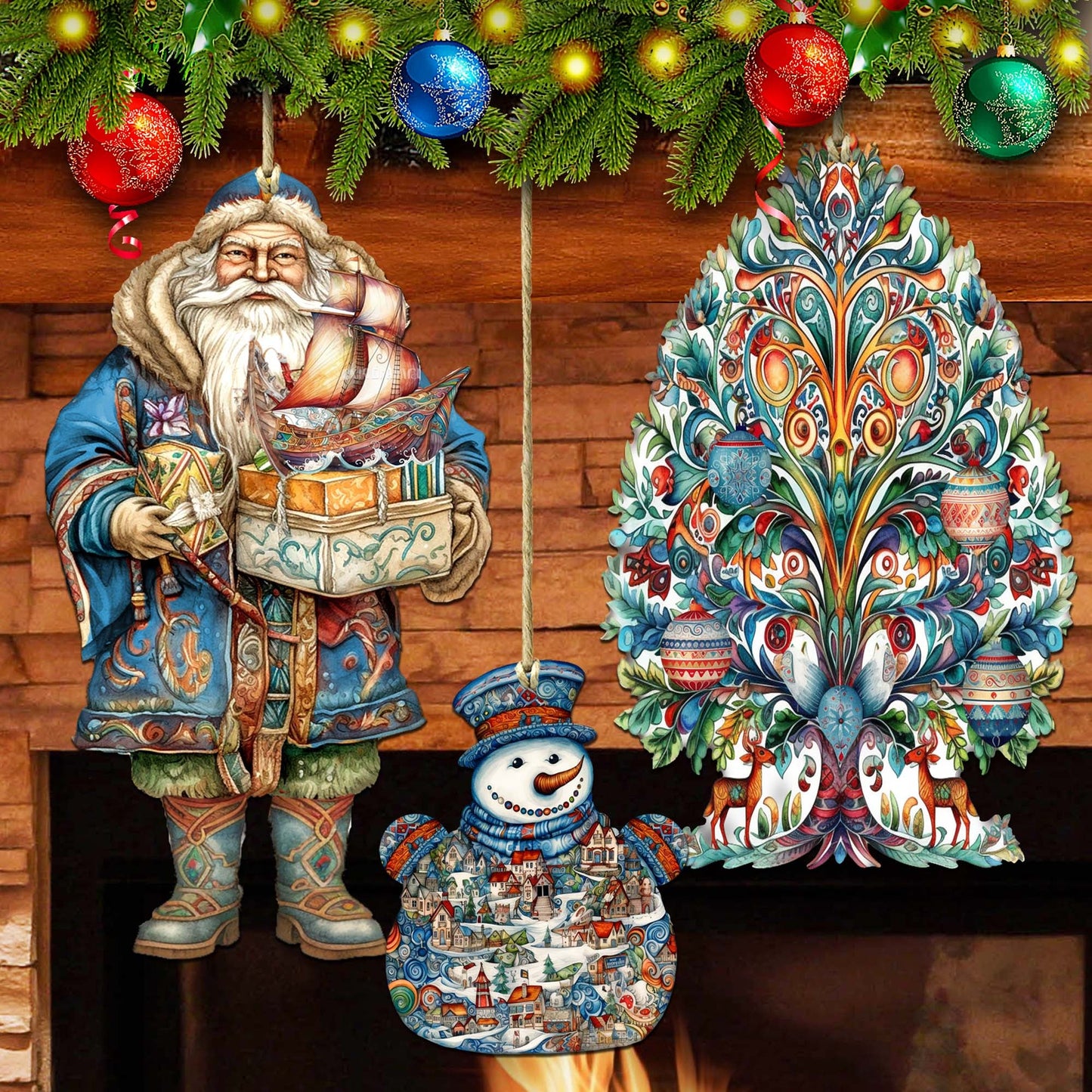Santas Around the World - Nordic Inspired Santa - Wooden Ornaments Set of 3 by G. DeBrekht Christmas Santa Snowman Decor - 8091312S3