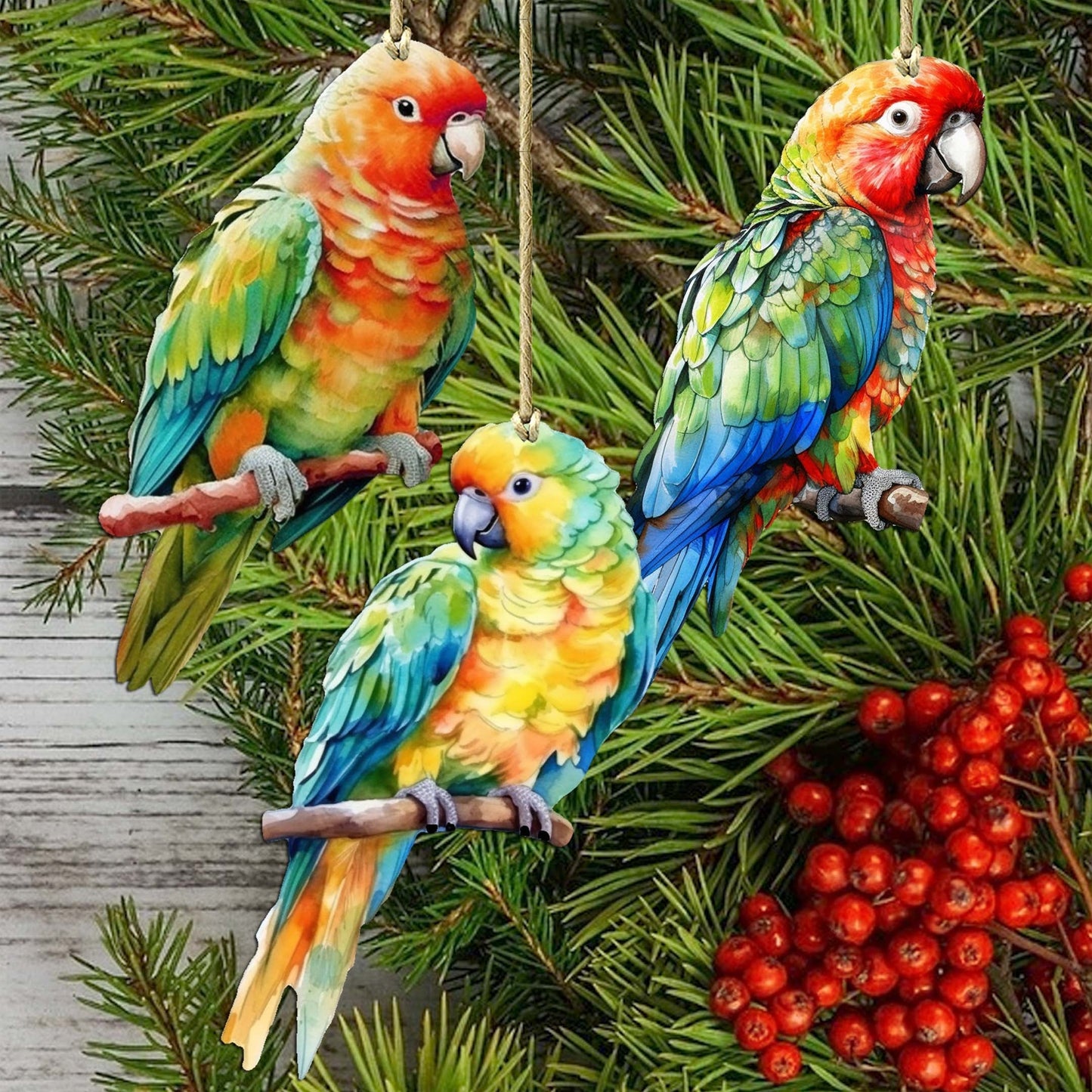 Parrots Decorative Wooden Ornaments of 3 by G. Debrekht - Wildlife Decor - 8091013-S3