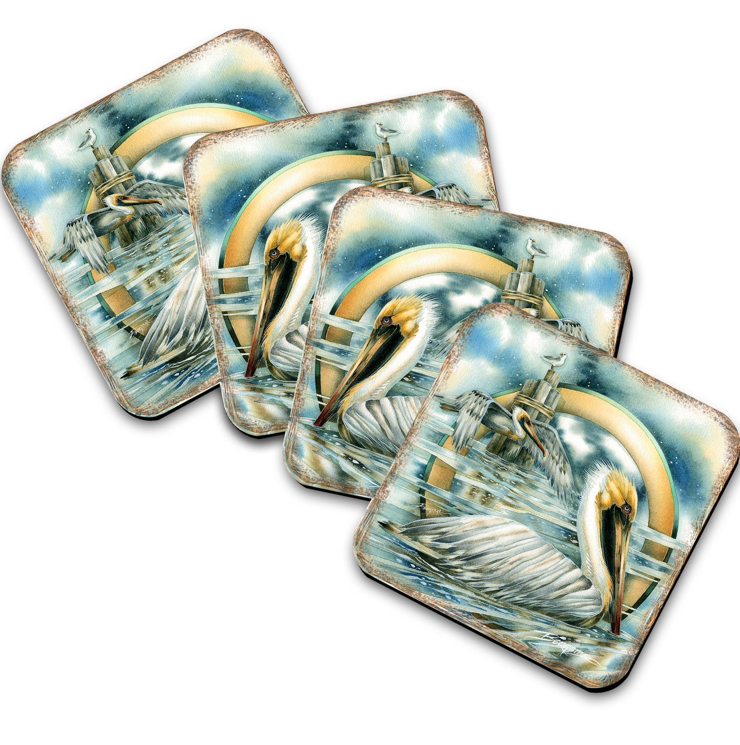 Pelicans Wooden Cork Coasters Gift Set of 4 by J. Bergsma - Coastal Holiday Decor  - 8199460C-S4
