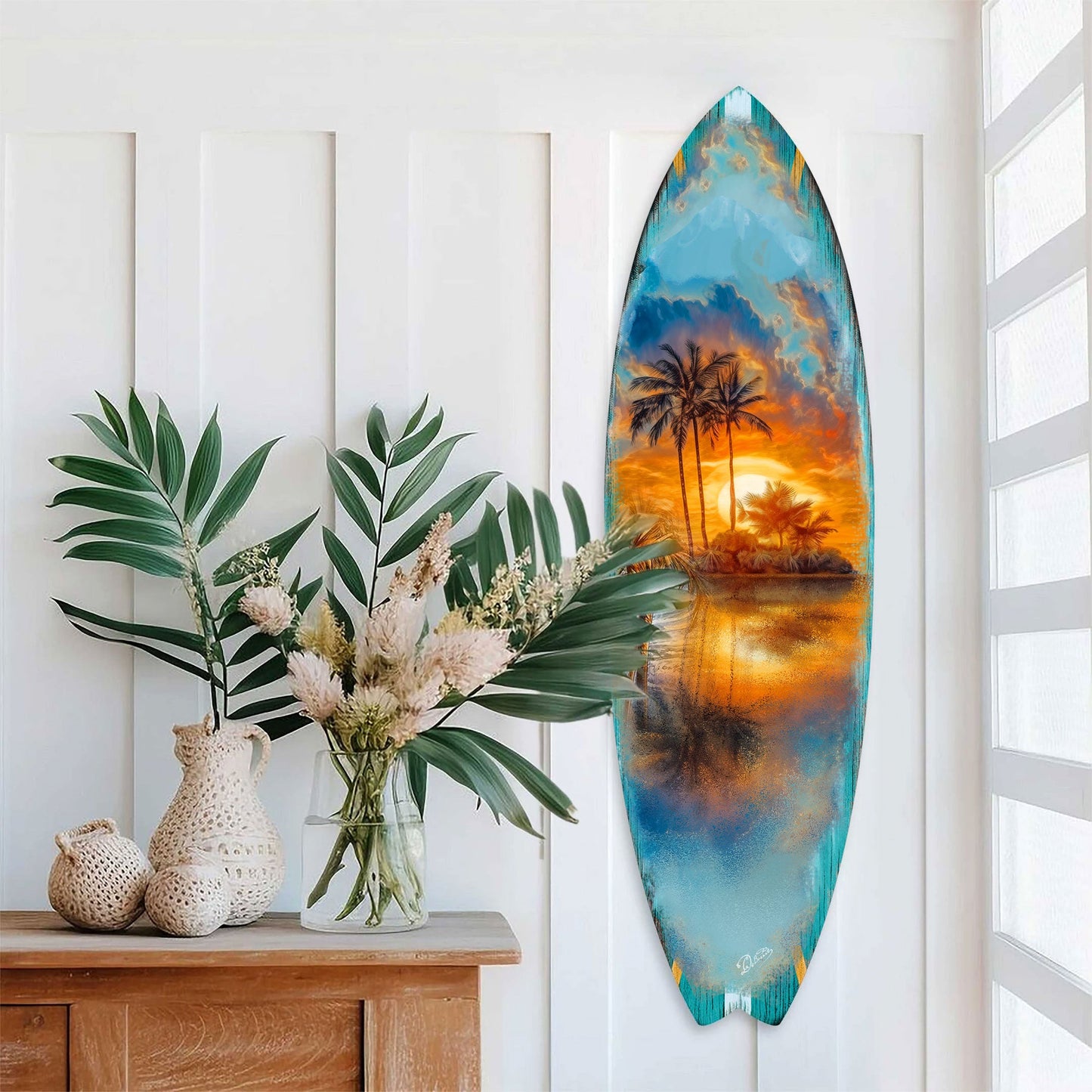 Tropical Sunset Surfboard Wall Art – Coastal Wall Decor - Handcrafted Surfboard Wall Decor for Beach House - Art by G. Debrekht  - 8490139HS