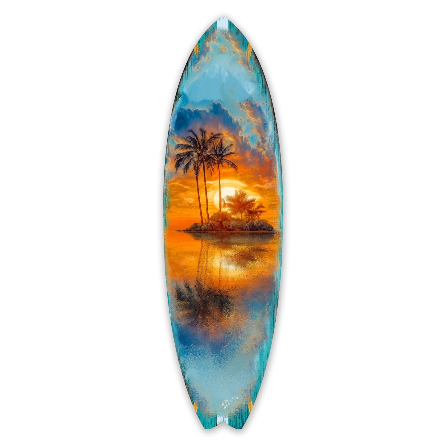 Tropical Sunset Surfboard Wall Art – Coastal Wall Decor - Handcrafted Surfboard Wall Decor for Beach House - Art by G. Debrekht  - 8490139HS