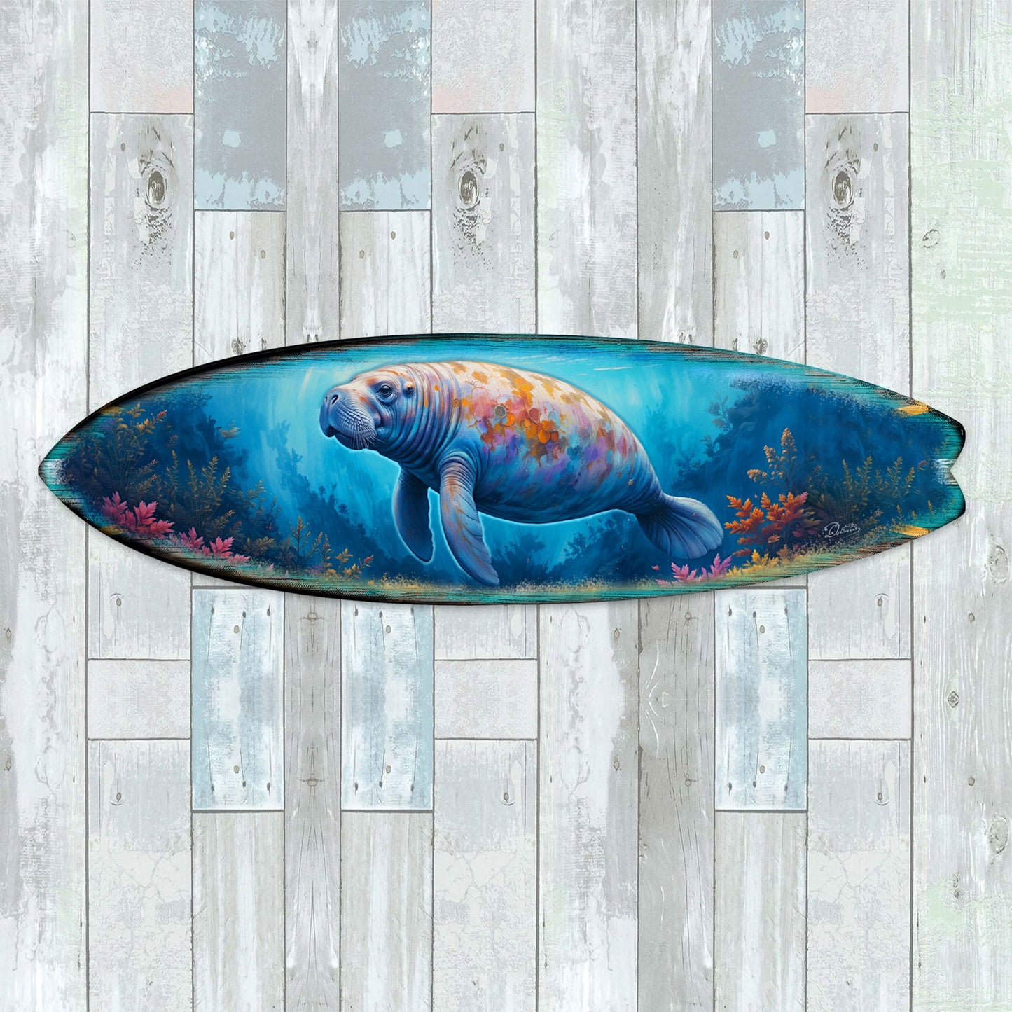 Manatee Surfboard Wall Art – Handcrafted Coastal Decor - Surfboard Wall Decor for Beach House - Art by G. Debrekht  - 8490140HS