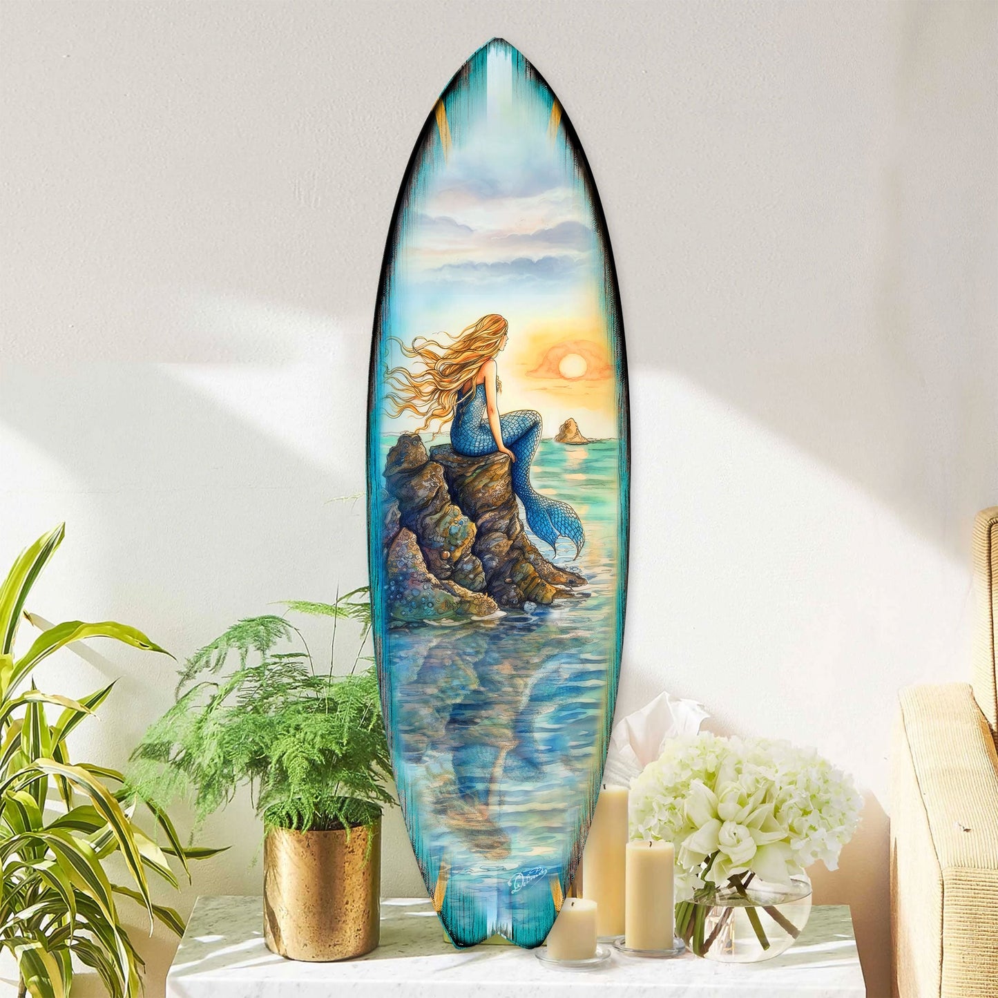 Mermaid Surfboard Wall Art– Handcrafted Coastal Decor - Surfboard Wall Decor for Beach House & Nautical Interiors - Coastal Wall Art by G. Debrekht - 8490141HS