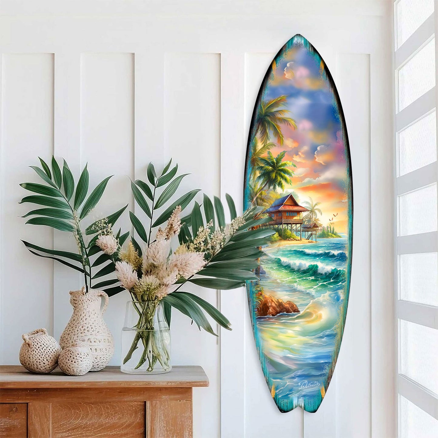 Tropical Beach House Surfboard Wall Art by G. DeBrekht – Handcrafted Coastal Decor - Surfboard Wall Decor for Beach House & Nautical Interiors - 8490142HS