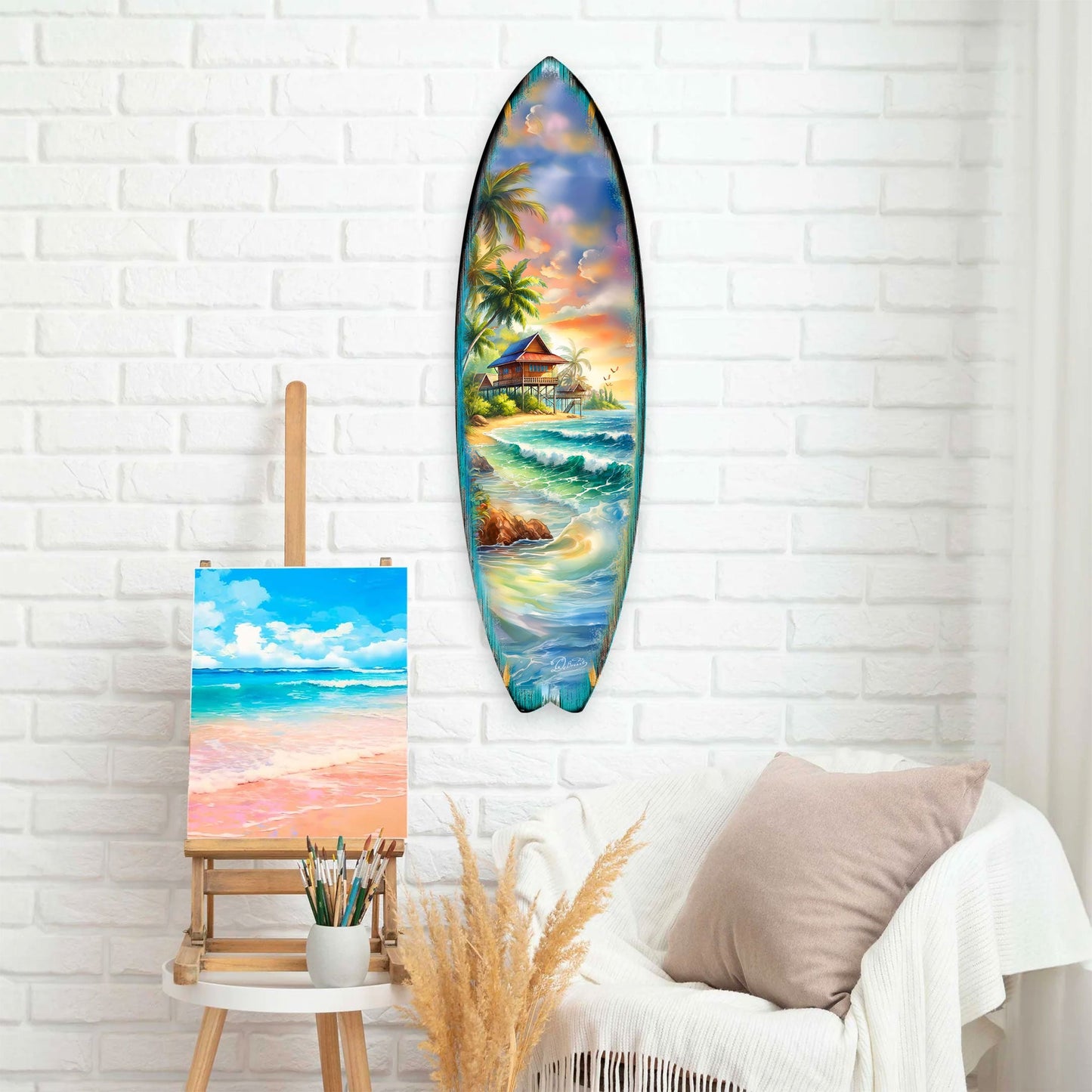 Tropical Beach House Surfboard Wall Art by G. DeBrekht – Handcrafted Coastal Decor - Surfboard Wall Decor for Beach House & Nautical Interiors - 8490142HS