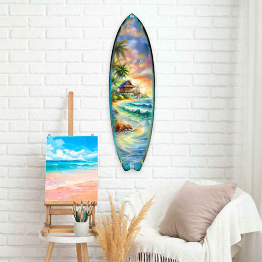 Tropical Beach House Surfboard Wall Art by G. DeBrekht – Handcrafted Coastal Decor - Surfboard Wall Decor for Beach House & Nautical Interiors - 8490142HS