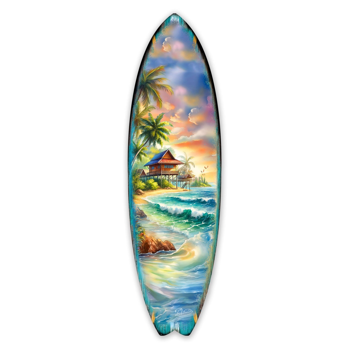 Tropical Beach House Surfboard Wall Art by G. DeBrekht – Handcrafted Coastal Decor - Surfboard Wall Decor for Beach House & Nautical Interiors - 8490142HS