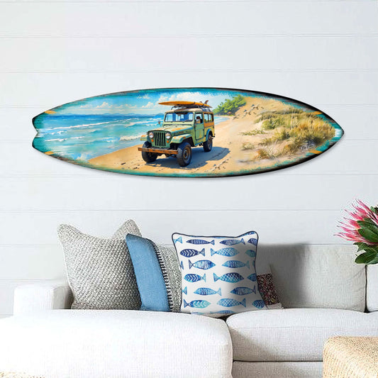 Vintage Beach Jeep Surfboard Wall Art – Handcrafted Coastal Decor for Beach House & Surf-Inspired Spaces - 8490143HS