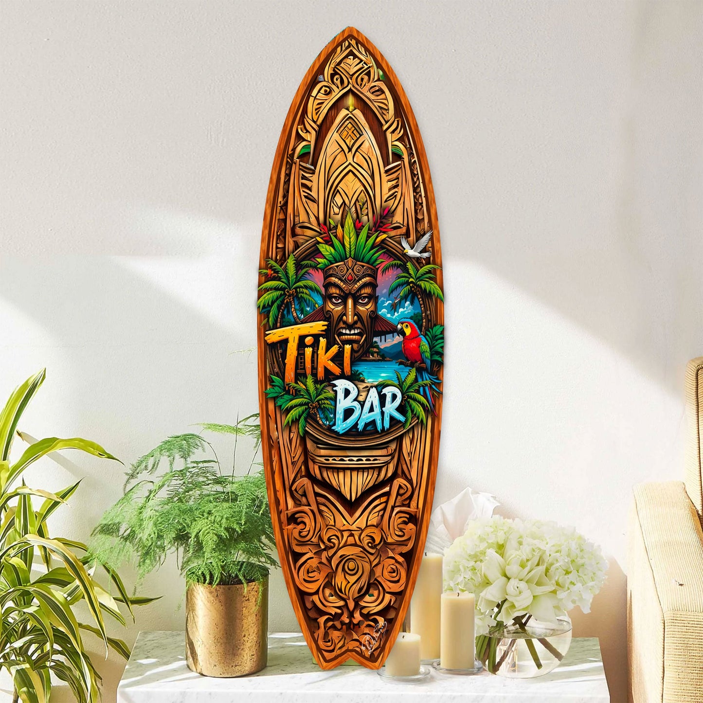 Tiki Bar Surfboard Wall Art by G. DeBrekht – Handcrafted Coastal Decor for Tiki Lounge & Beach House - 8490144HS