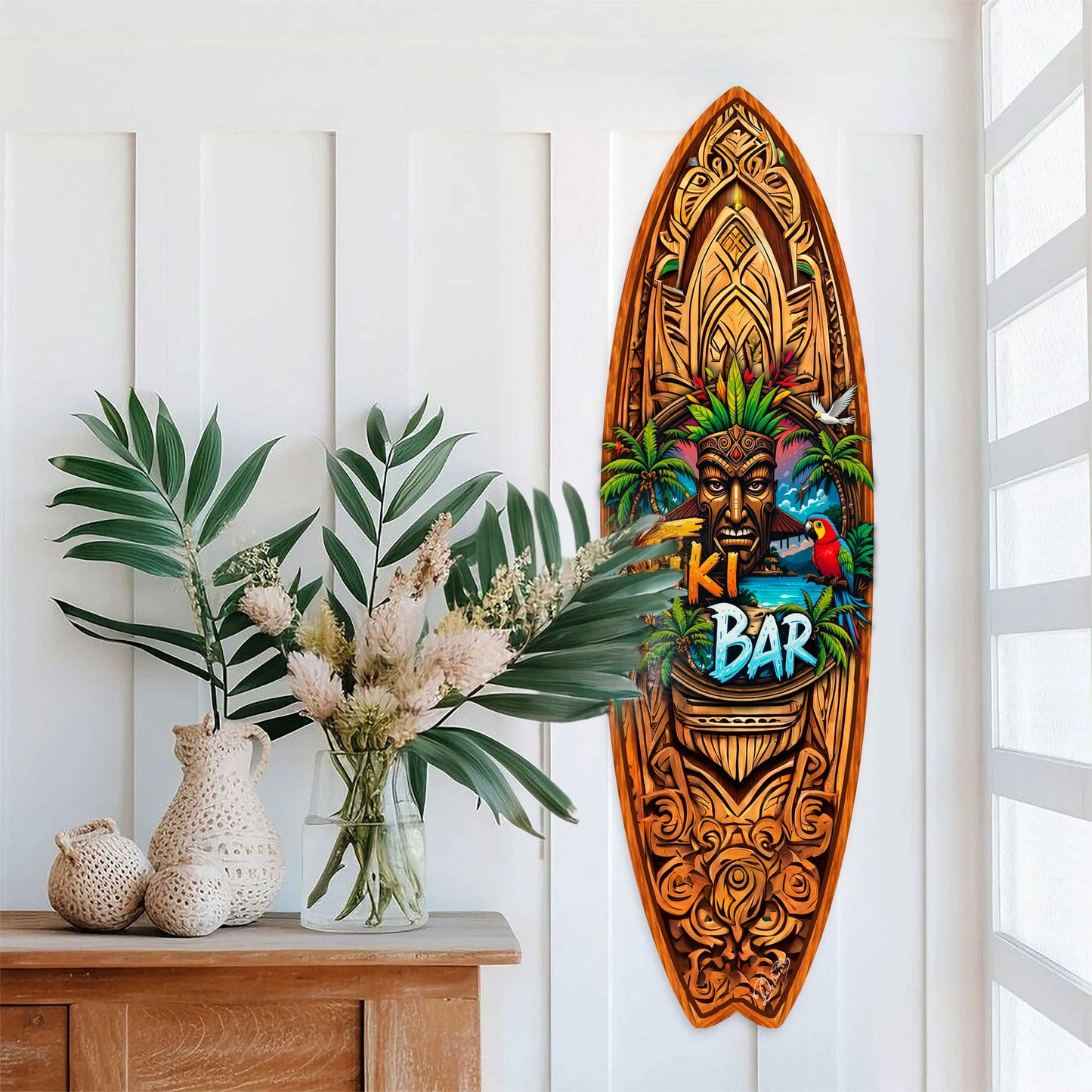 Tiki Bar Surfboard Wall Art by G. DeBrekht – Handcrafted Coastal Decor for Tiki Lounge & Beach House - 8490144HS