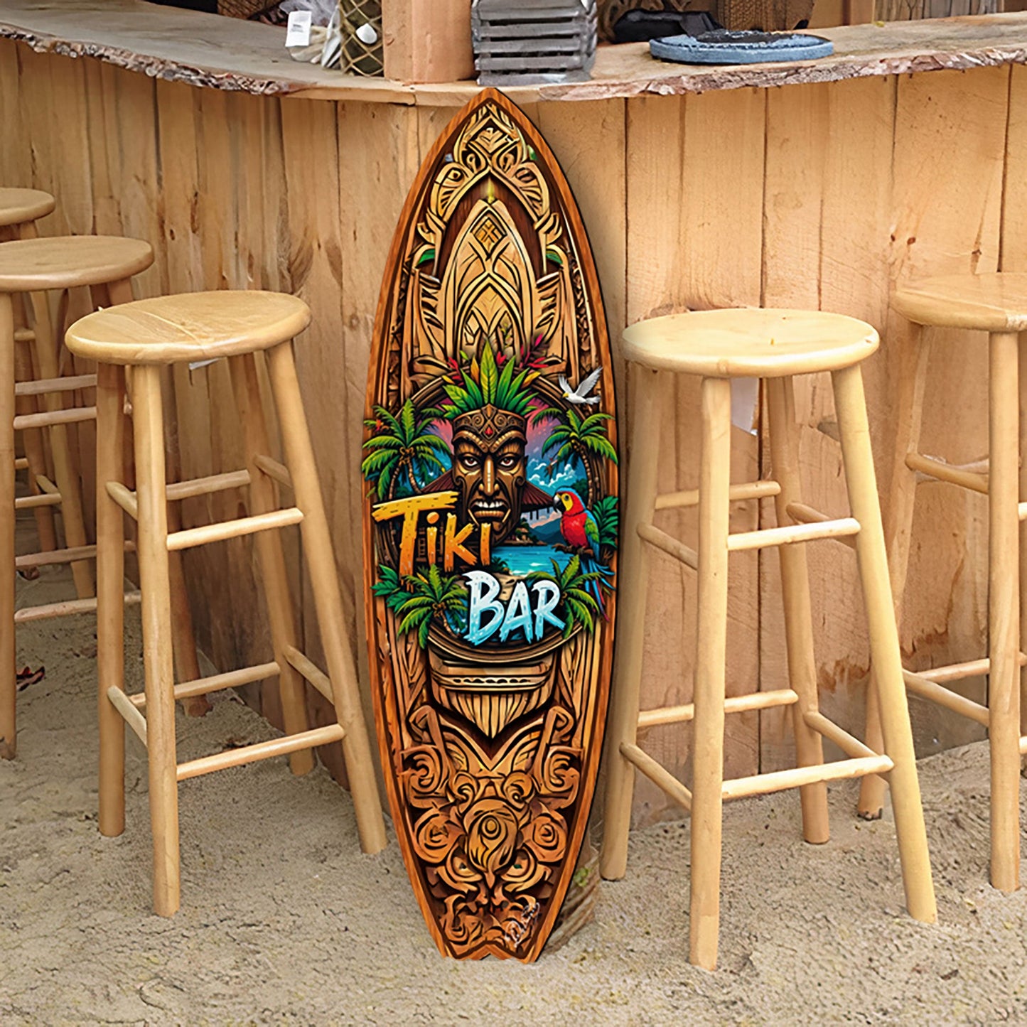 Tiki Bar Surfboard Wall Art by G. DeBrekht – Handcrafted Coastal Decor for Tiki Lounge & Beach House - 8490144HS