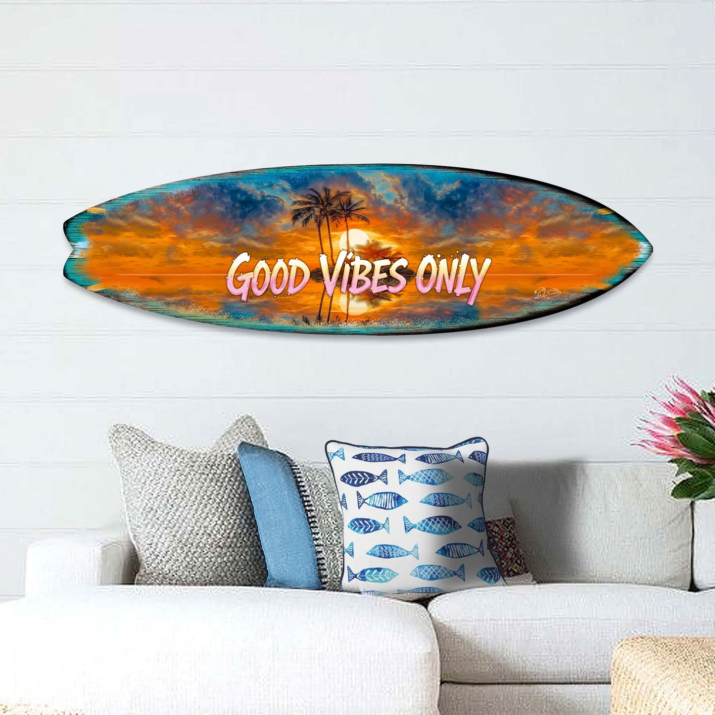 Good Vibes Only Surfboard Wall Art by G. DeBrekht – Handcrafted Coastal Decor for Beach House & Tropical Interiors – 8490145HS