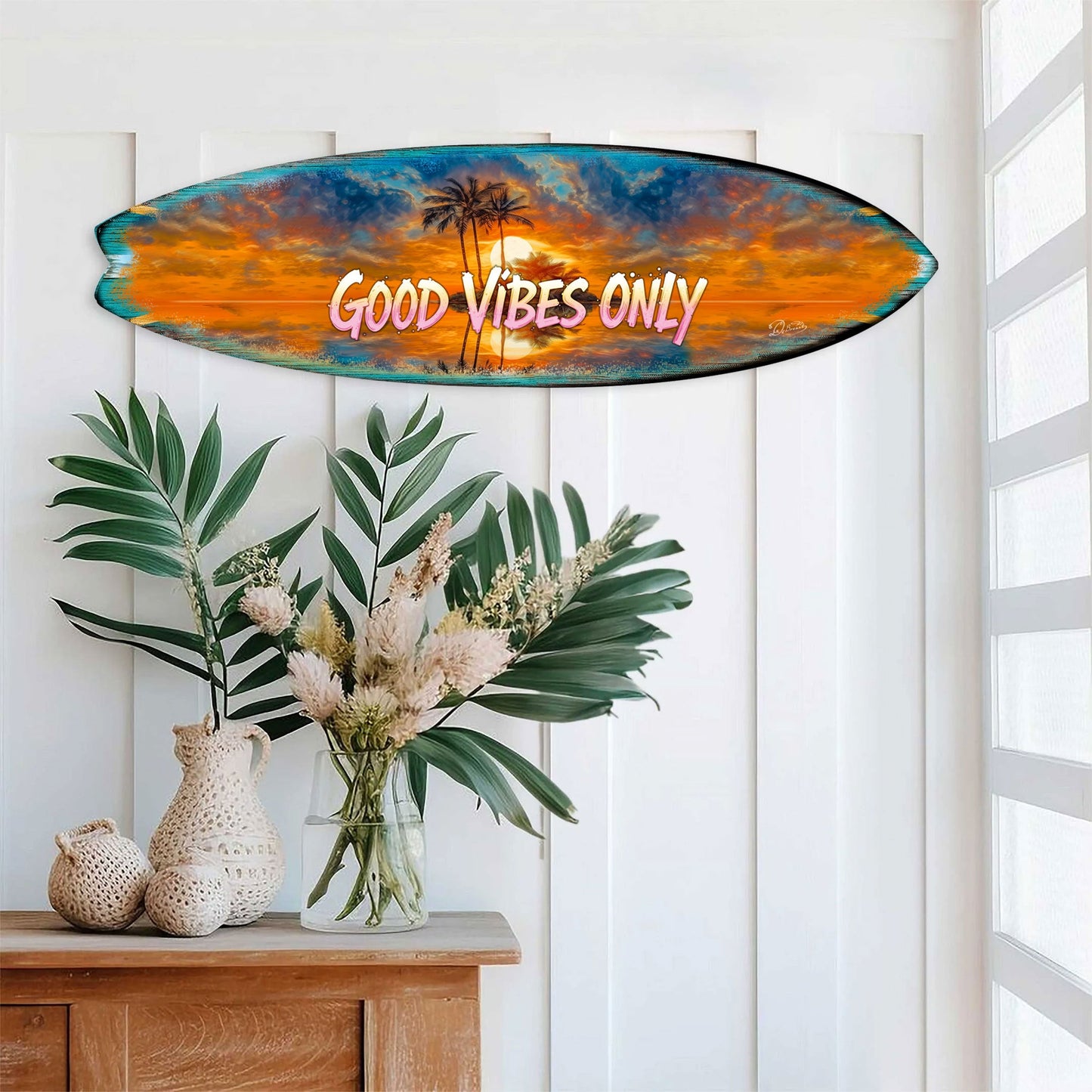 Good Vibes Only Surfboard Wall Art by G. DeBrekht – Handcrafted Coastal Decor for Beach House & Tropical Interiors – 8490145HS