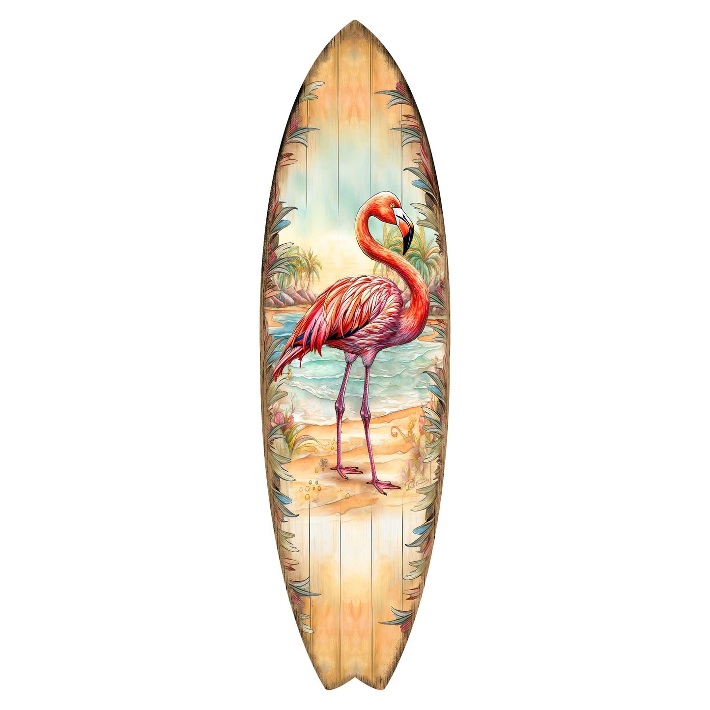 Pink Flamingo Surfboard Wall Art by G. DeBrekht – Handcrafted Tropical Coastal Wall Décor – 8490146HS