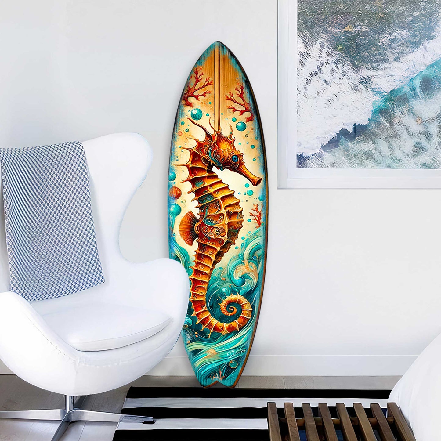 Seahorse Coastal Surfboard Wall Art – Handcrafted Wooden Ocean Decor by G.DeBrekht – Indoor Outdoor Beach House Accent – 8490147HS