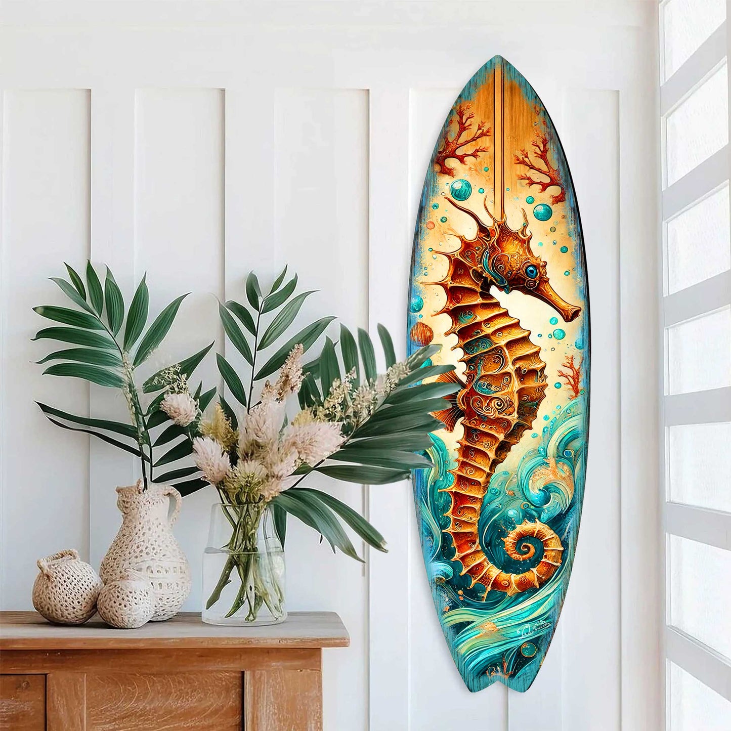 Seahorse Coastal Surfboard Wall Art – Handcrafted Wooden Ocean Decor by G.DeBrekht – Indoor Outdoor Beach House Accent – 8490147HS