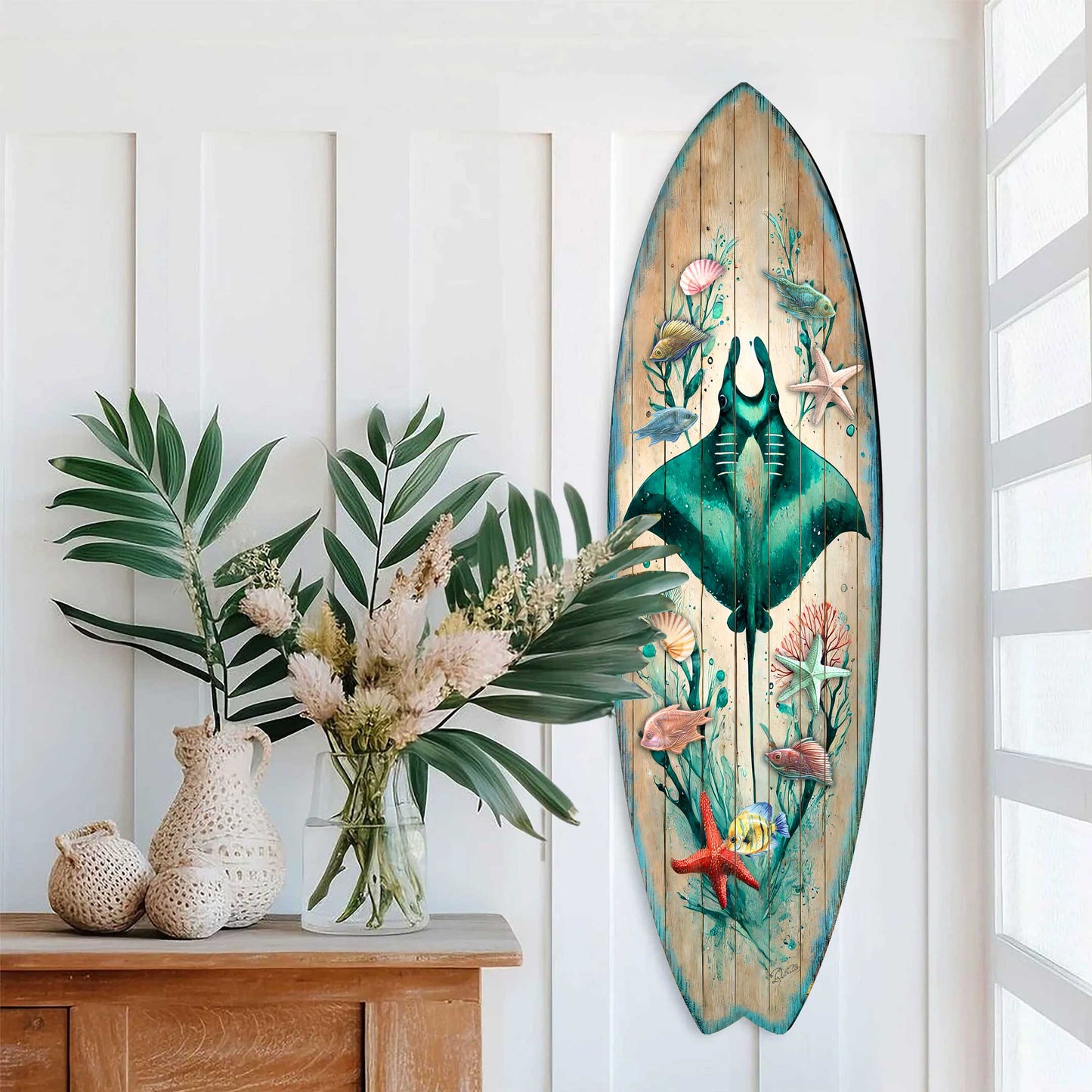 Manta Ray Surfboard Wall Art – Handcrafted Coastal Ocean Decor by G.DeBrekht – Underwater Sea Life Beach House Accent – 8490148HS