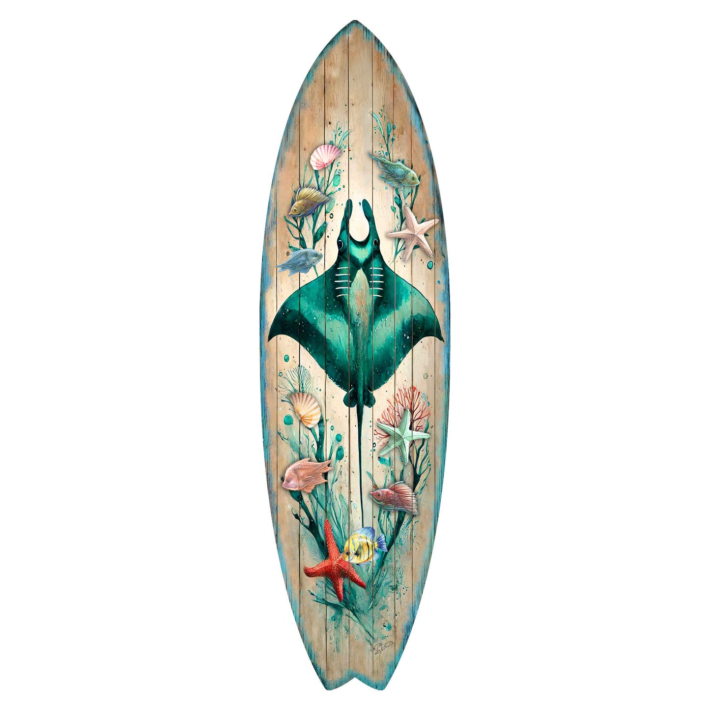 Manta Ray Surfboard Wall Art – Handcrafted Coastal Ocean Decor by G.DeBrekht – Underwater Sea Life Beach House Accent – 8490148HS