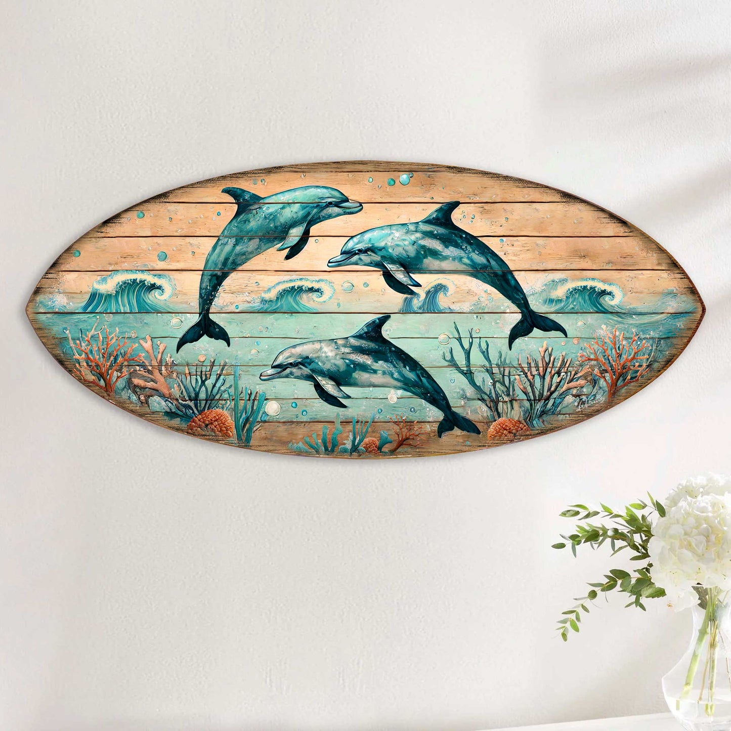 Dolphin Dance Surfboard Wall Art – Handcrafted Coastal Wooden Decor by G.DeBrekht – Beach House Ocean Decor – 8490149HS