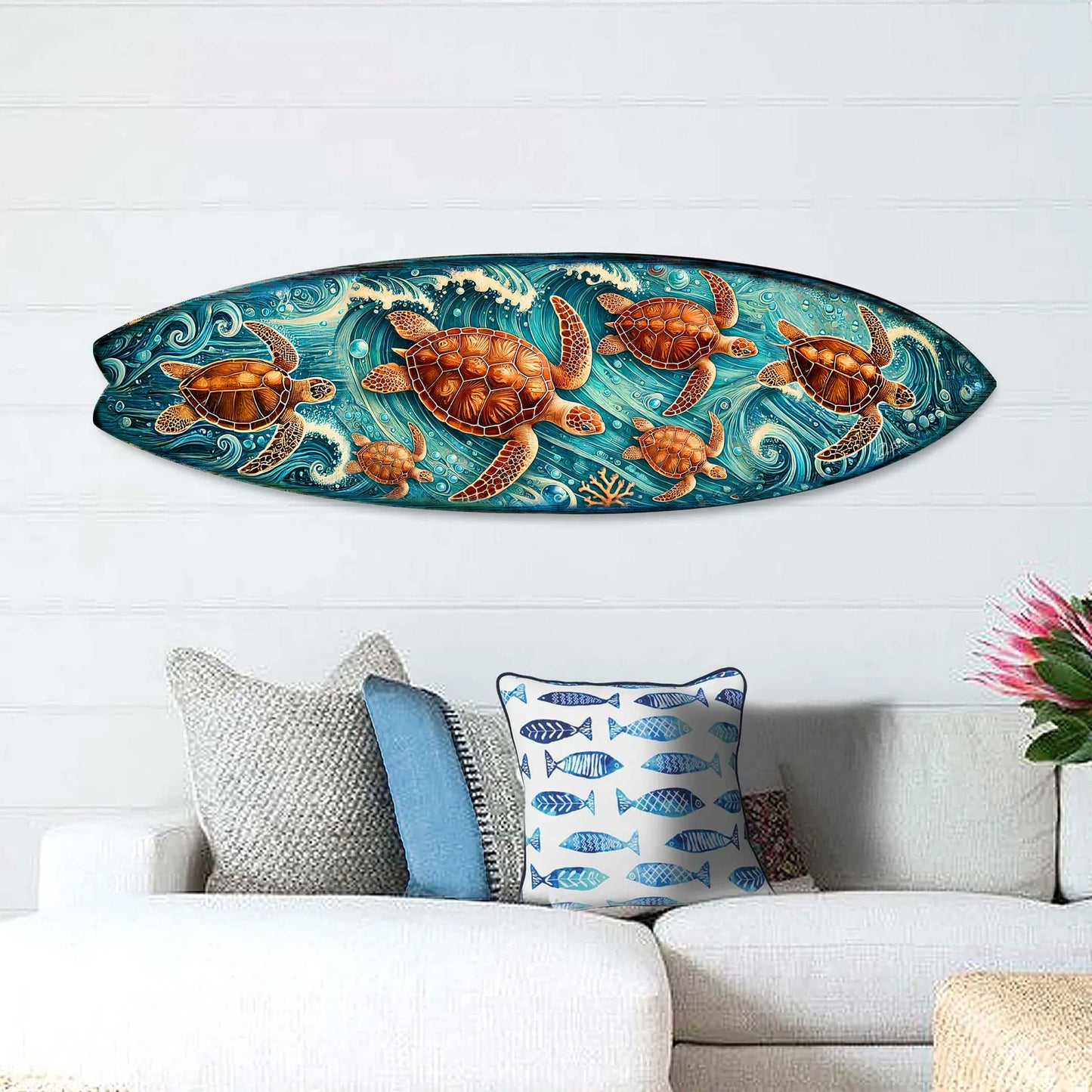 Sea Turtle Surfboard Coastal Wall Art – Handcrafted Ocean Wave Wooden Decor by G.DeBrekht – Marine Life Beach House Accent – 8490150HS