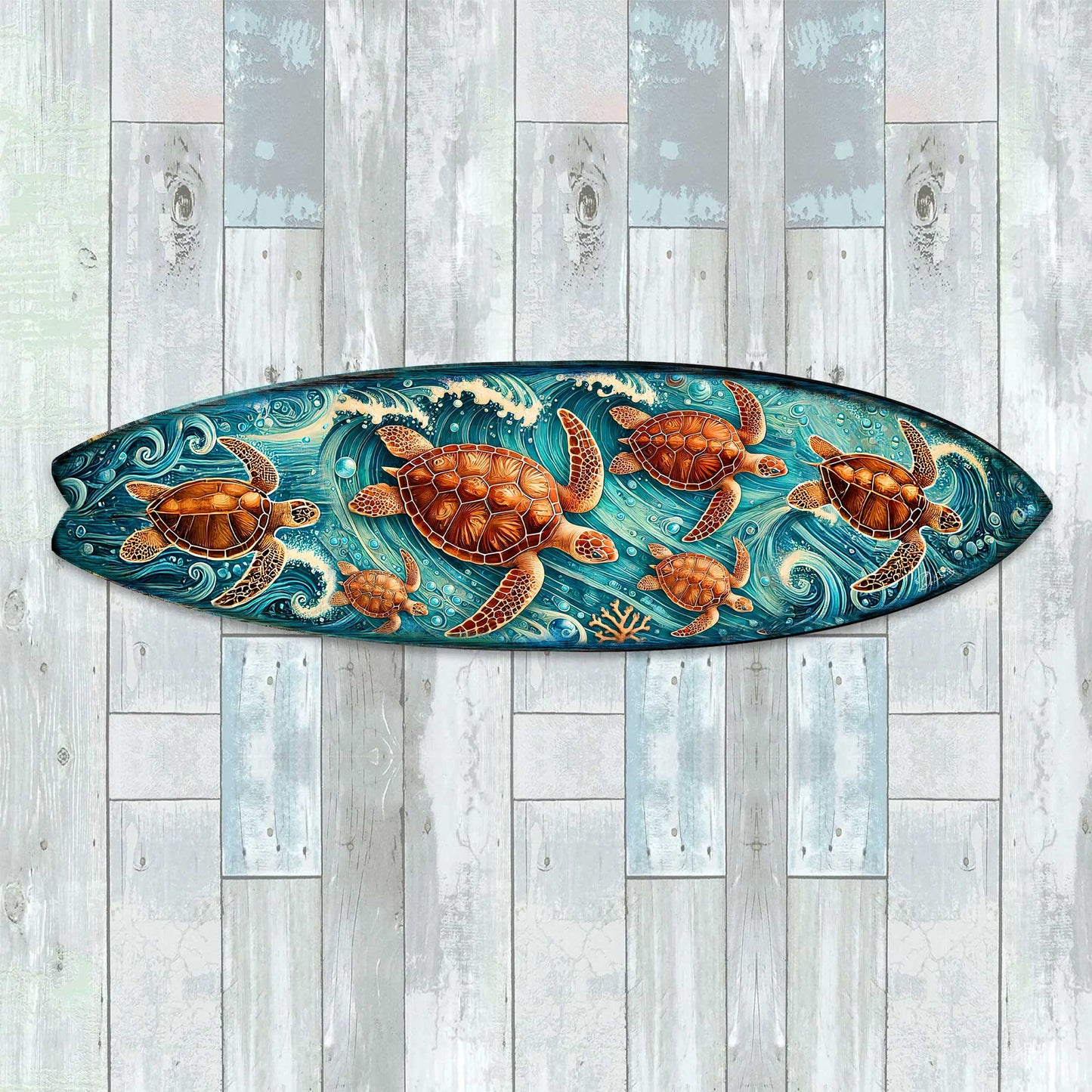 Sea Turtle Surfboard Coastal Wall Art – Handcrafted Ocean Wave Wooden Decor by G.DeBrekht – Marine Life Beach House Accent – 8490150HS