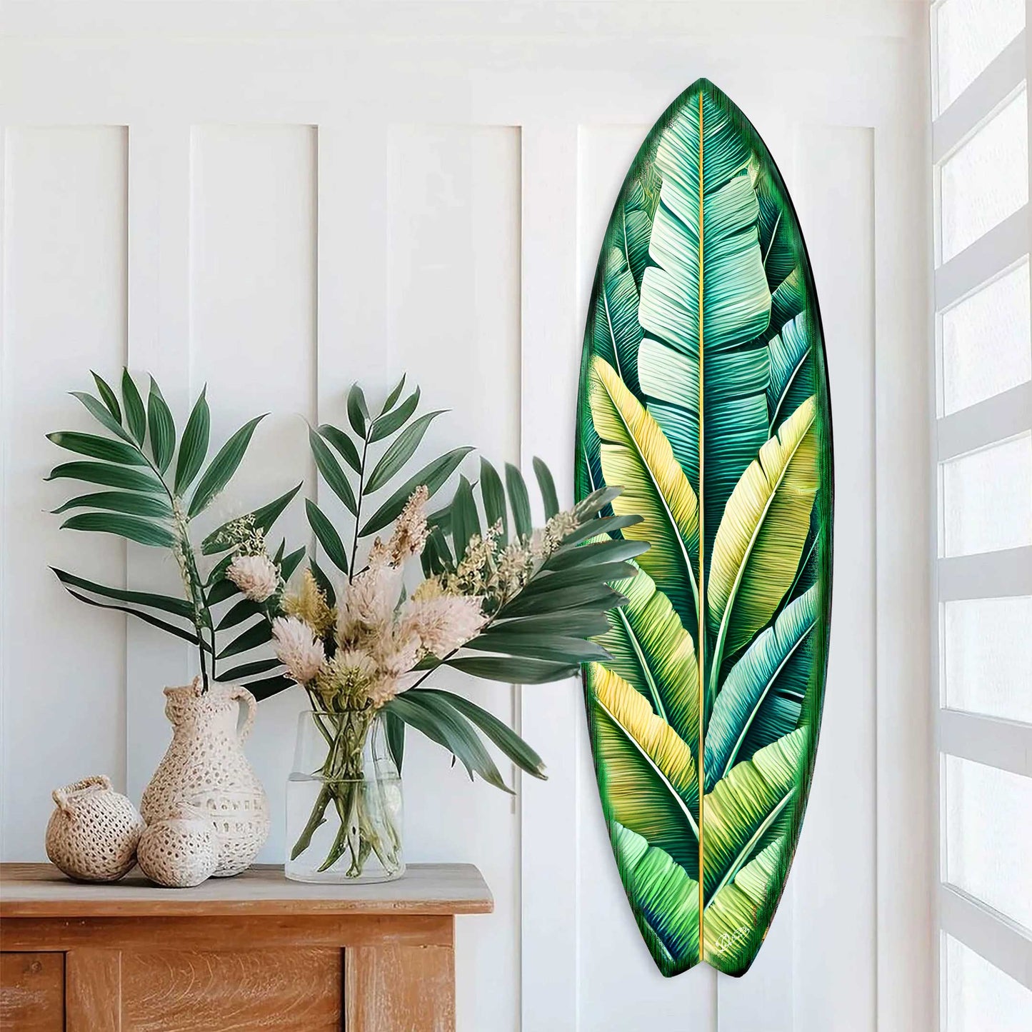 Banana Leaf Surfboard Wall Art – Handcrafted Tropical Coastal Decor by G.DeBrekht – Indoor Outdoor Beach House Accent – 8490151HS