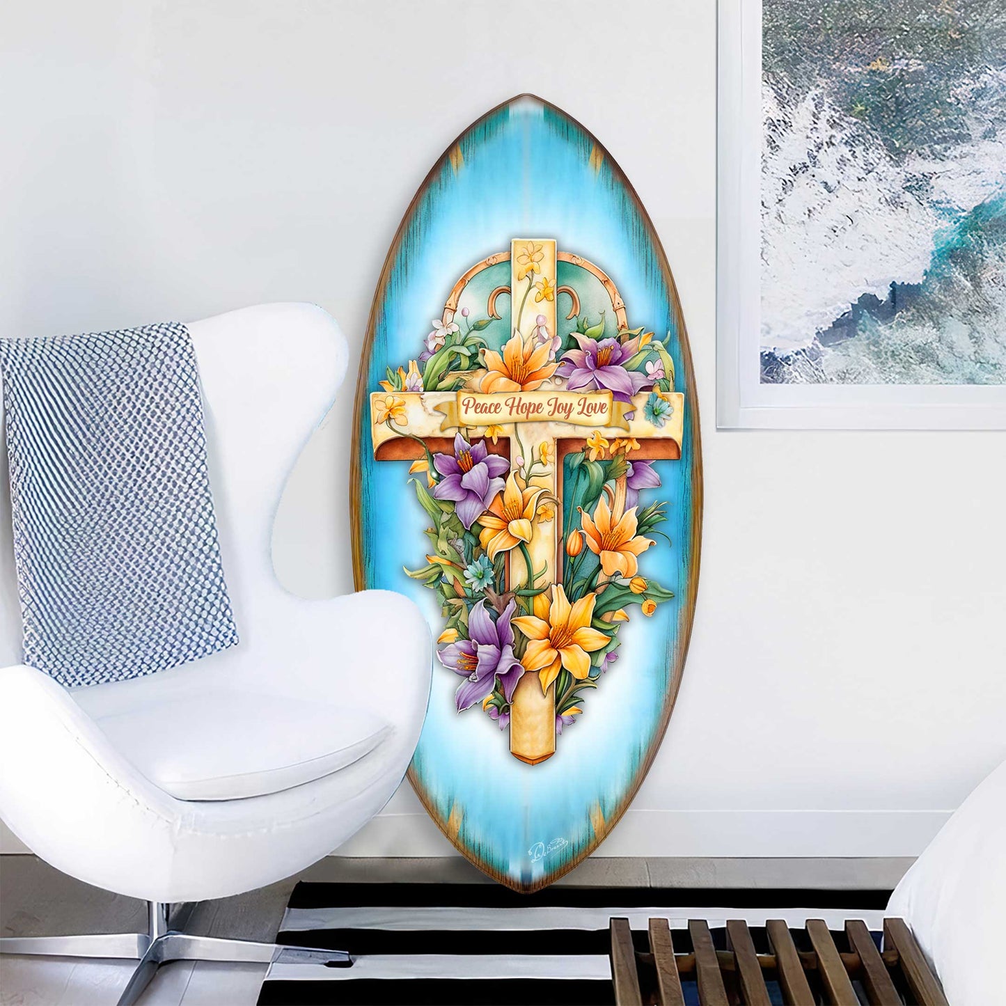 Christian Coastal Wall Decor - Peace Hope Joy Love Cross Surfboard Wall Art – Handcrafted Religious Decor by G.DeBrekht  – 8490156HS