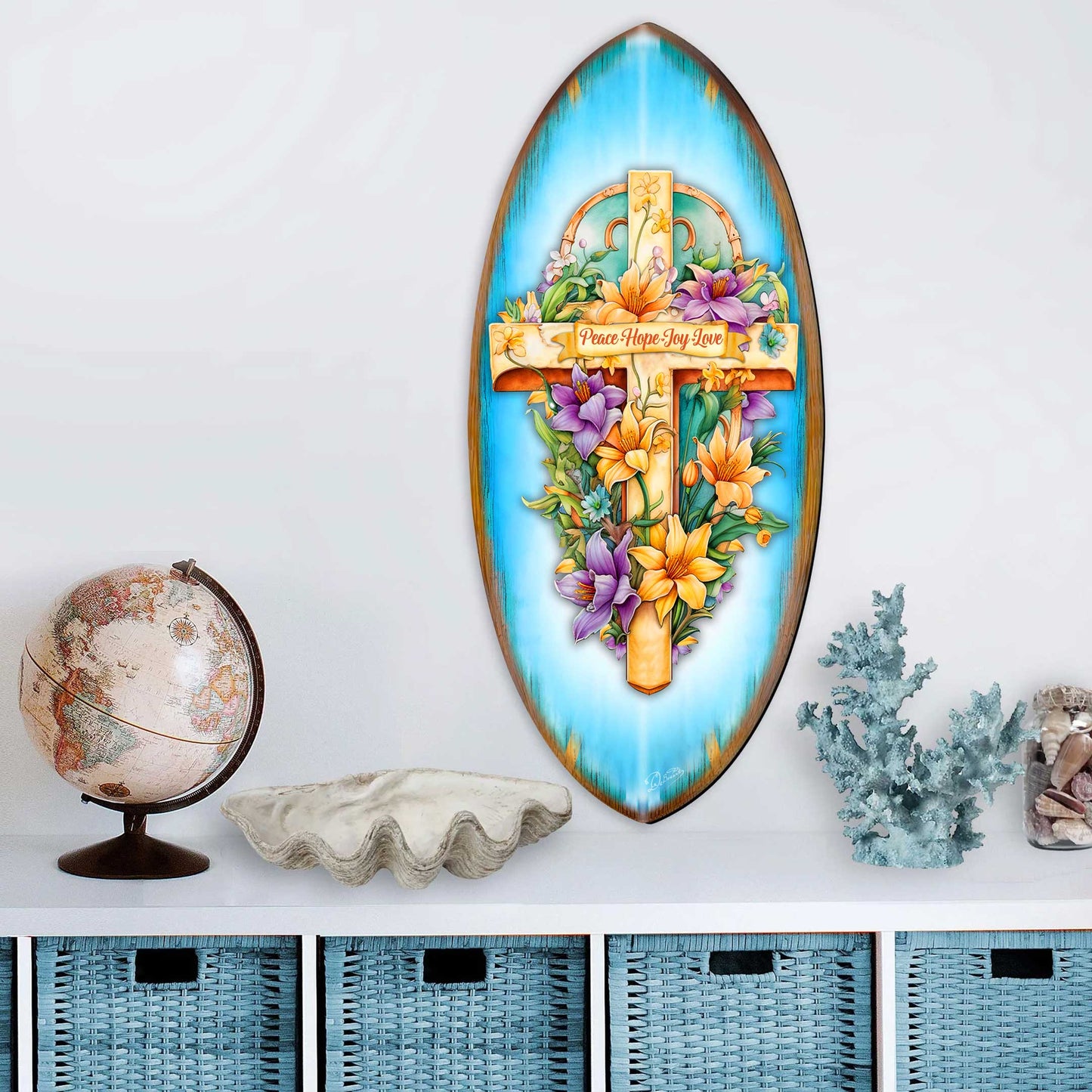 Christian Coastal Wall Decor - Peace Hope Joy Love Cross Surfboard Wall Art – Handcrafted Religious Decor by G.DeBrekht  – 8490156HS