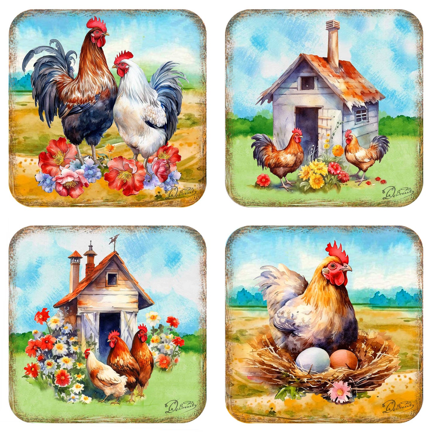 Spring on a Farm Wooden Cork Coasters Gift Set of 4 by G. Debrekht - Easter Spring Decor  - 8199436C-S4