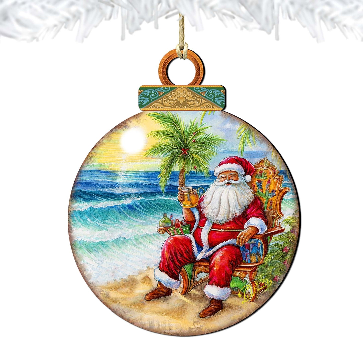 Coastal Christmas Decor - Sunset with Santa Wooden Ornaments by G. Debrekht Coastal Holiday Decor - 8688183