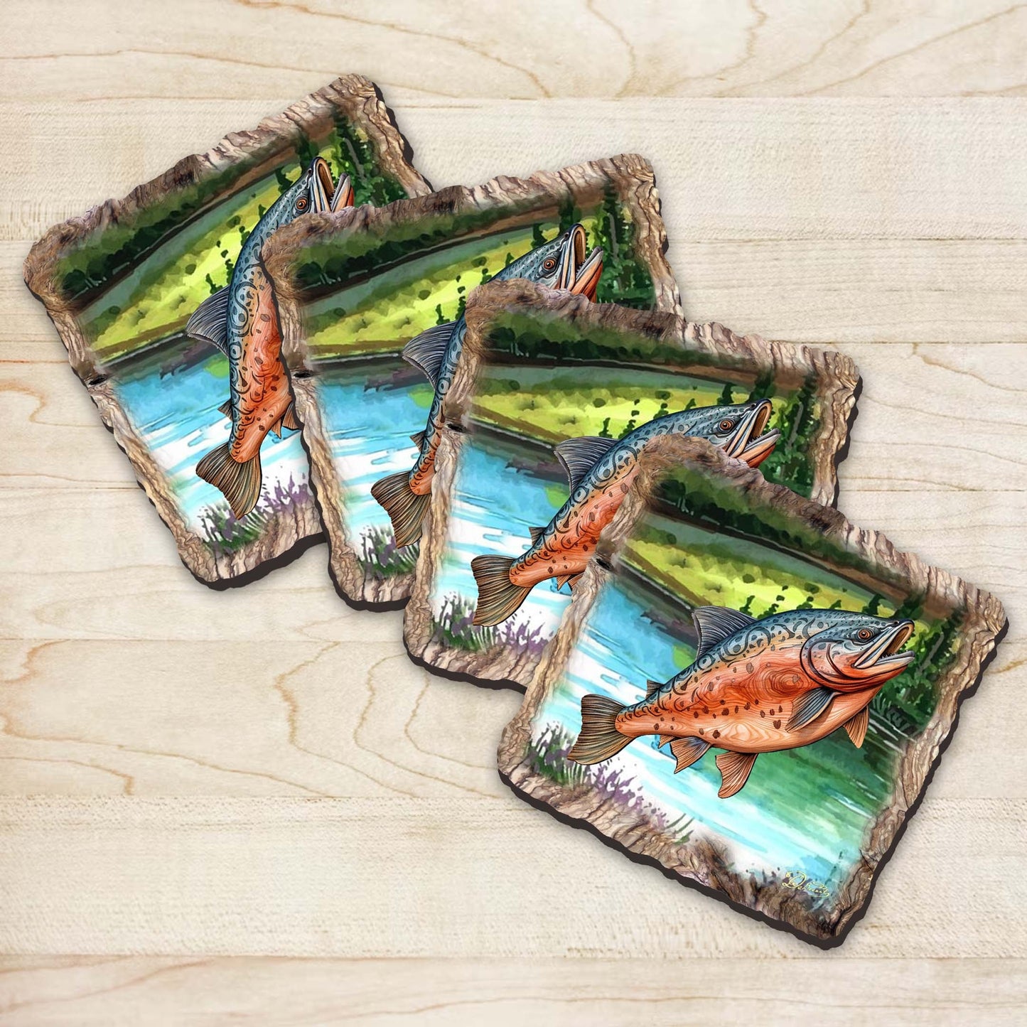 Salmon Wooden Cork Coasters Gift Set of 4 by Nature Wonders Coastal Nature Wildlife Decor  - 95394C-S4