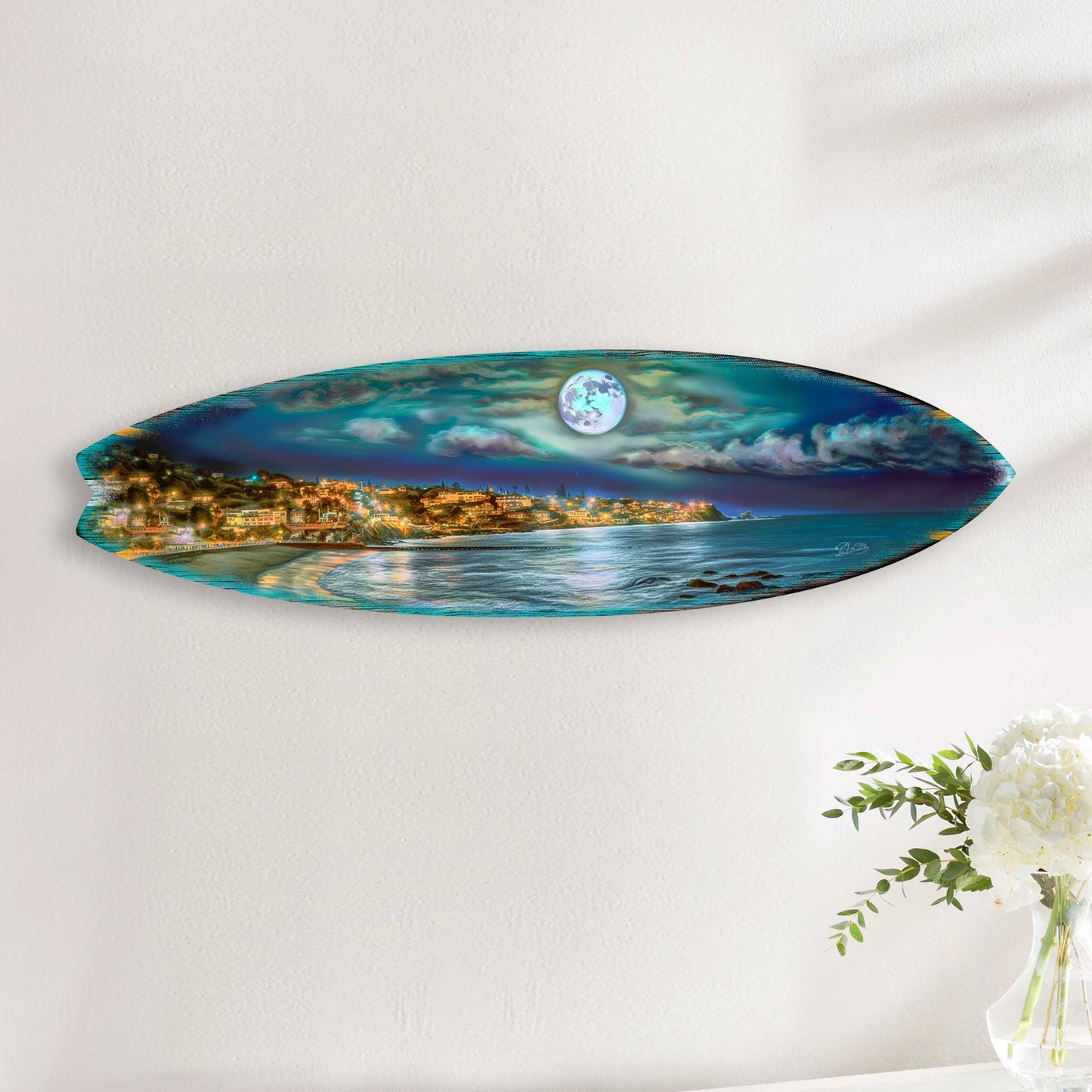 Surfboard Coastal Wall Art - Full Moon Night Wall Art by G. DeBrekht - Coastal Holiday Decor - 8490137HS