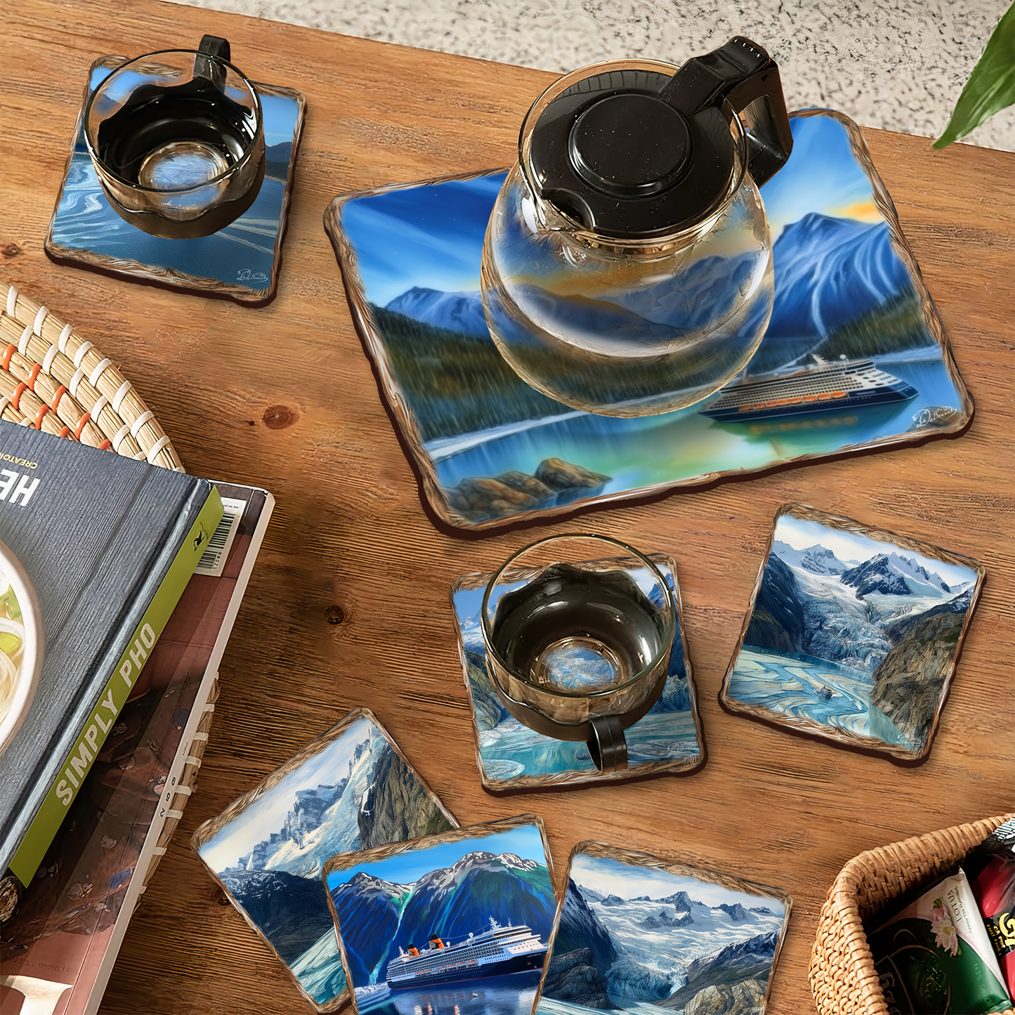 Cruise Ship Wooden Cork Placemat and Coasters Gift Set of 7 by Nature Wonders Nature Wildlife Décor  - 85410C-S7